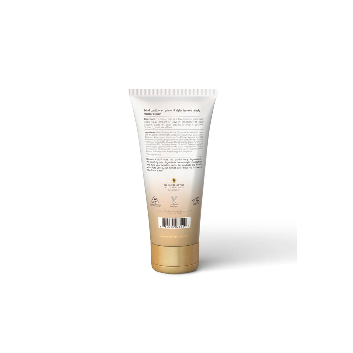 Bounce Curl Moisture Balance Leave-In Conditioner 177ml back with ingredient list, product description and certification icons in white design.