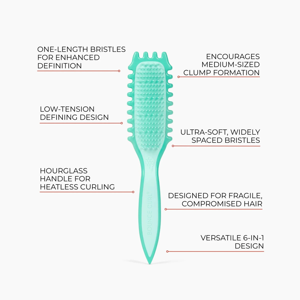 Bounce Curl Slick-Flex Define EdgeLift Brush Infographic: A 6-in-1 curl brush with ultra-soft bristles designed for gentle styling of fine or damaged hair.