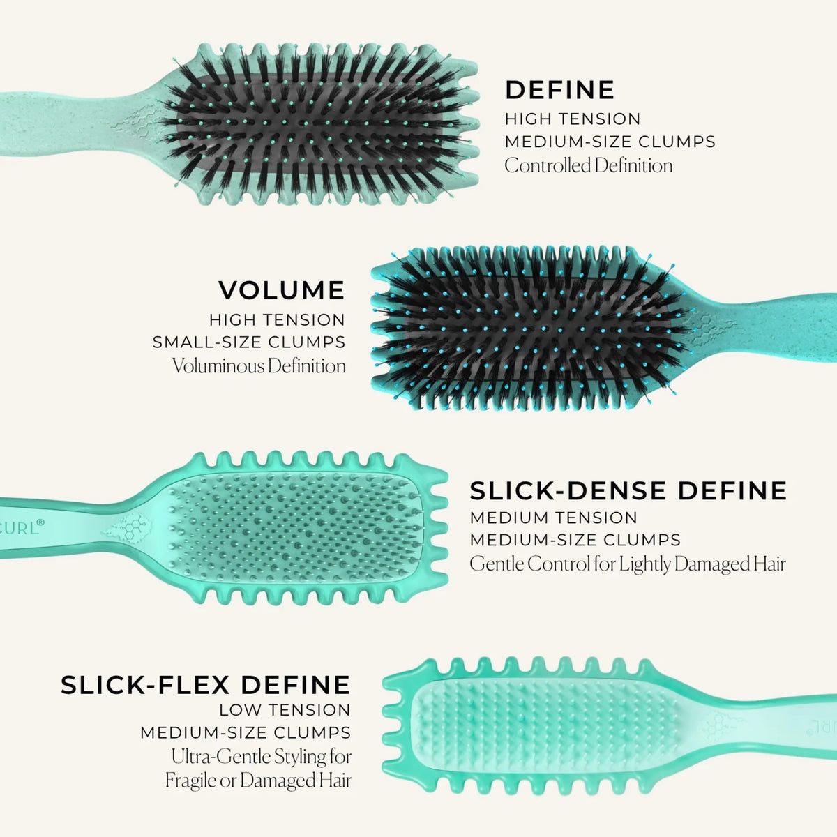 Guide to Bounce Curl Hairbrushes: Comparison of Define, Volume, Slick-Dense and Slick-Flex brushes based on tension and curl size for different hair types.
