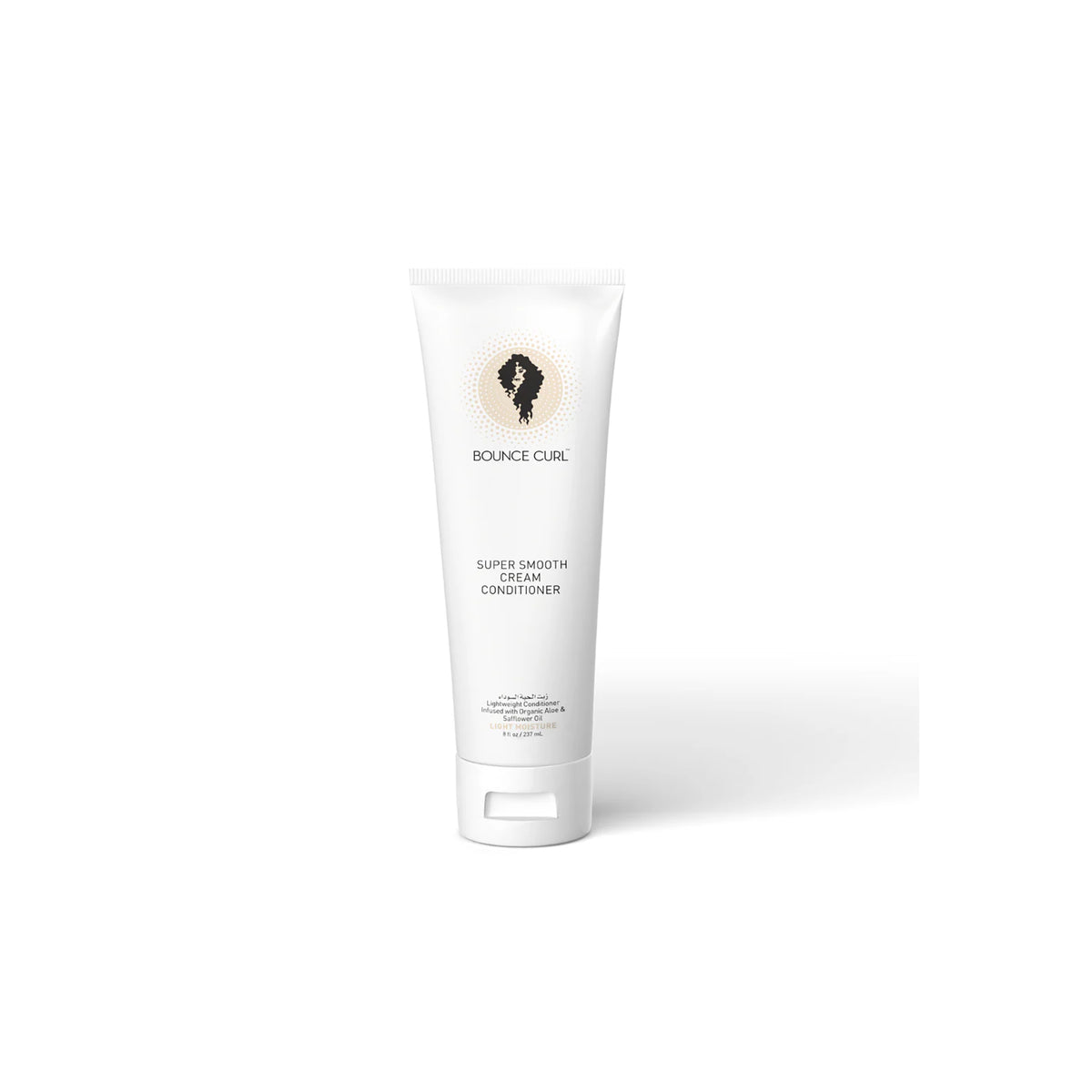 Bounce Curl Super Smooth Cream Conditioner 237ml in elegant white tube with gold logo, designed for soft, shiny and well-groomed hair.