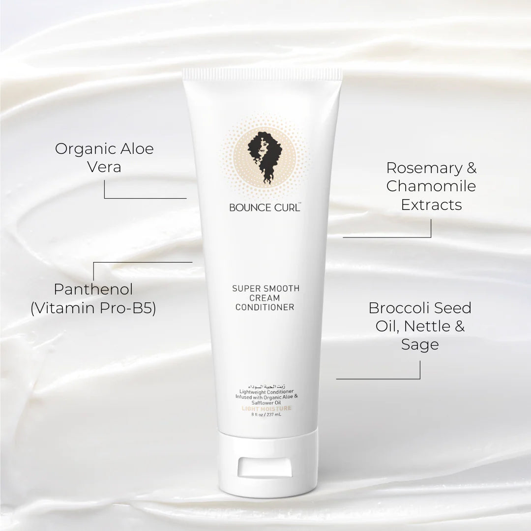 Bounce Curl Super Smooth Cream Conditioner 237ml with aloe vera, panthenol and herbs, gives shiny, moisturized and silky hair.