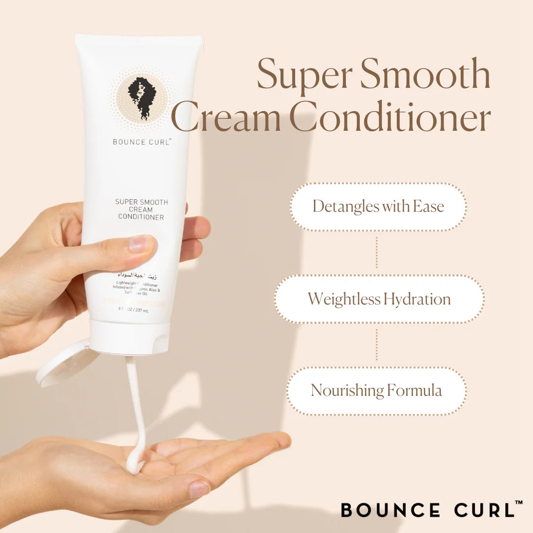 Bounce Curl Super Smooth Cream Conditioner 237ml in elegant white tube, applied by hand, provides weightless moisture, softness and easy detangling.