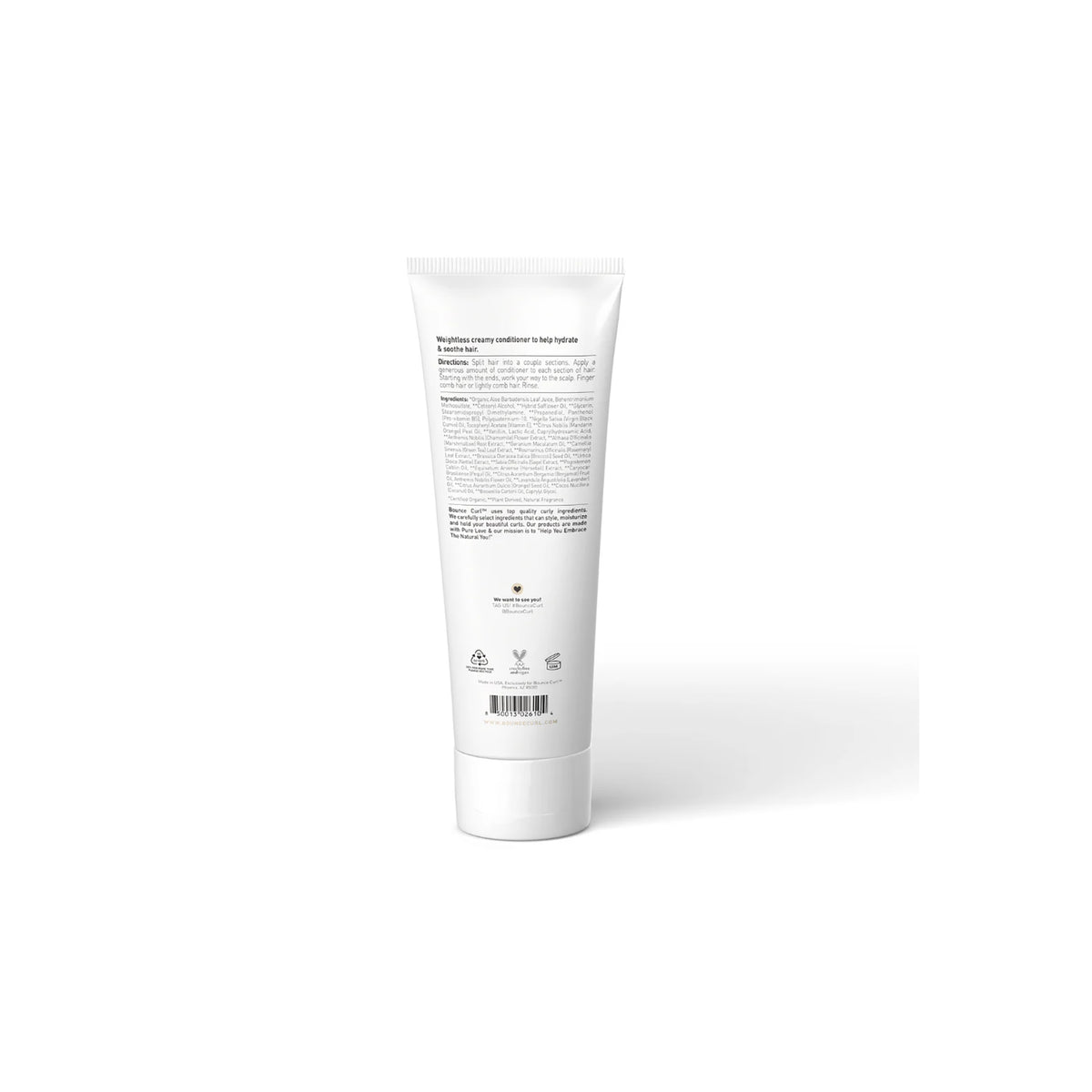 Bounce Curl Super Smooth Cream Conditioner 237ml with detailed ingredients list on the back, formulated to soften and care for curly hair.