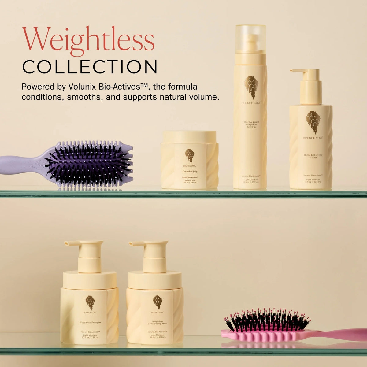 Weightless Collection hair care products with Volunix Bio-Actives on shelves, incl. shampoo, conditioner, spray and hairbrushes in purple and pink.