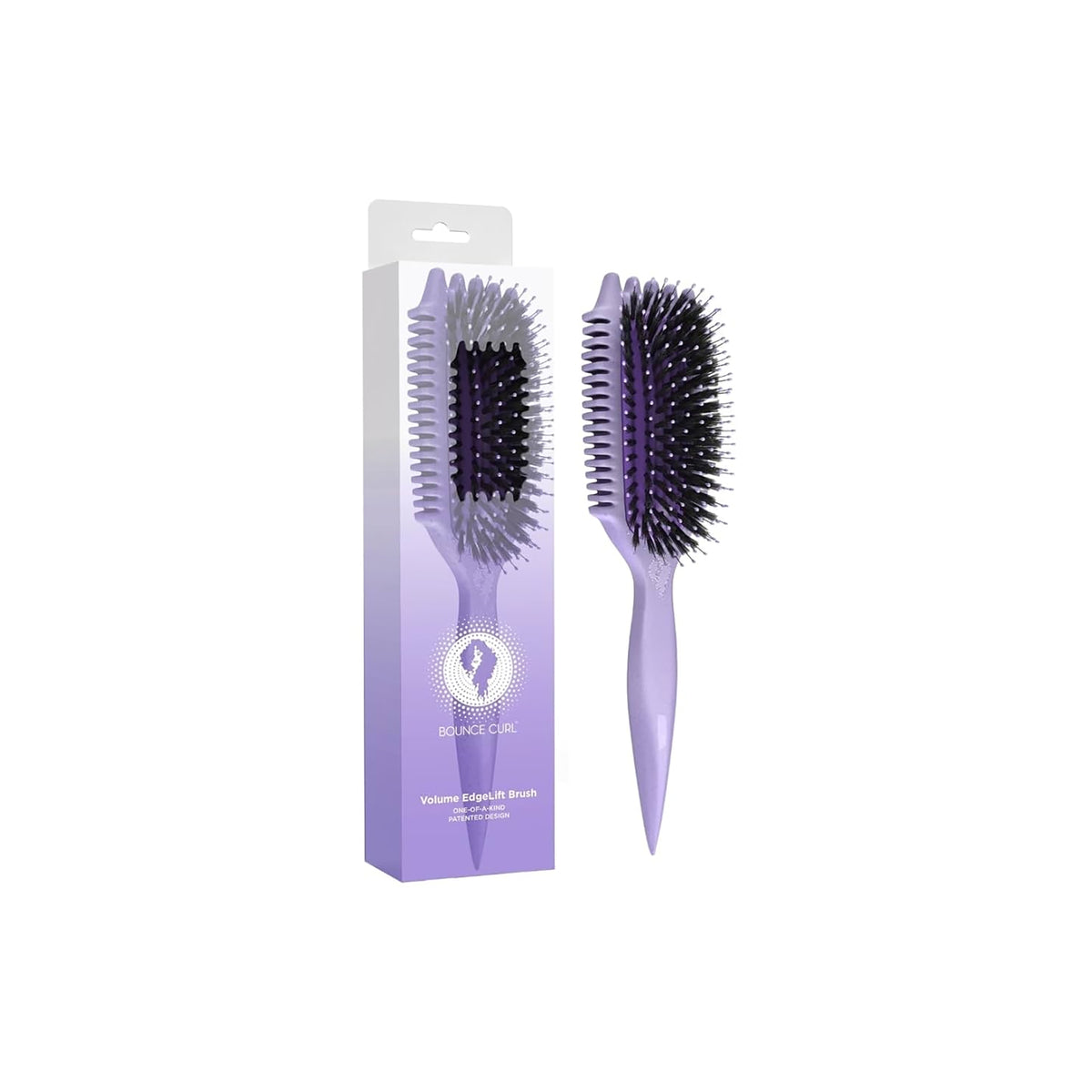 Light purple Bounce Curl Volume EdgeLift Brush Purple with black bristles shown next to matching box in matte purple shade.