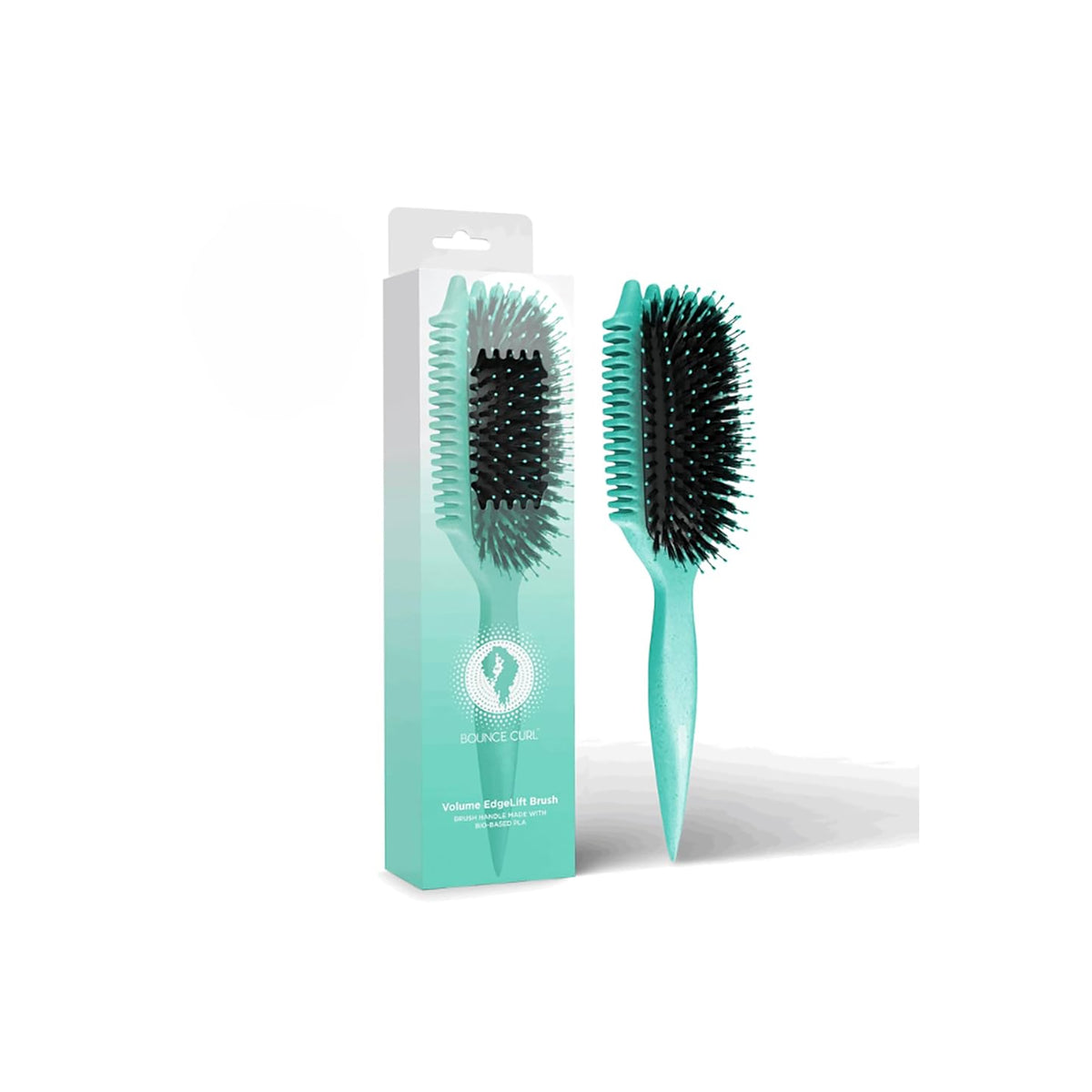 Bounce Curl Volume EdgeLift Brush Teal standing in front of matching box with black brush head and teal handle.