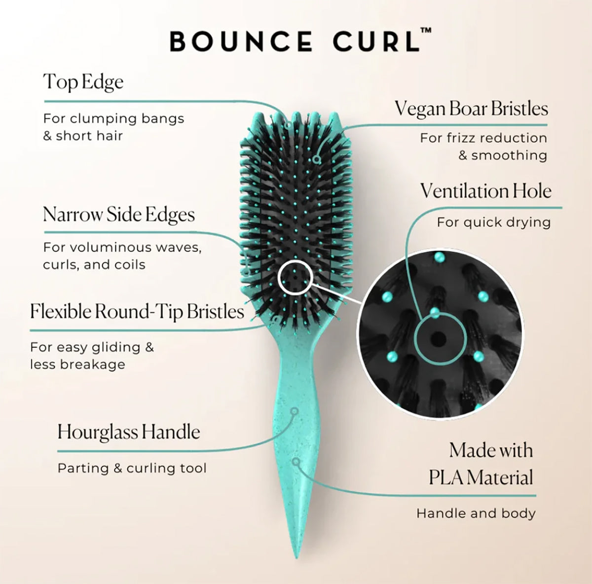 Teal colored Bounce Curl Volume EdgeLift Brush with hourglass shaped handle, flexible bristles and vegan bristles.