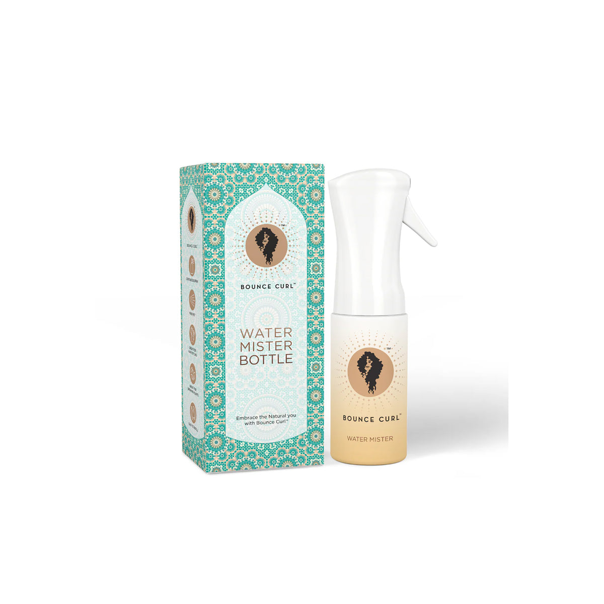 Bounce Curl Water Mister bottle with white spray nozzle next to turquoise patterned packaging with gold and black logo.