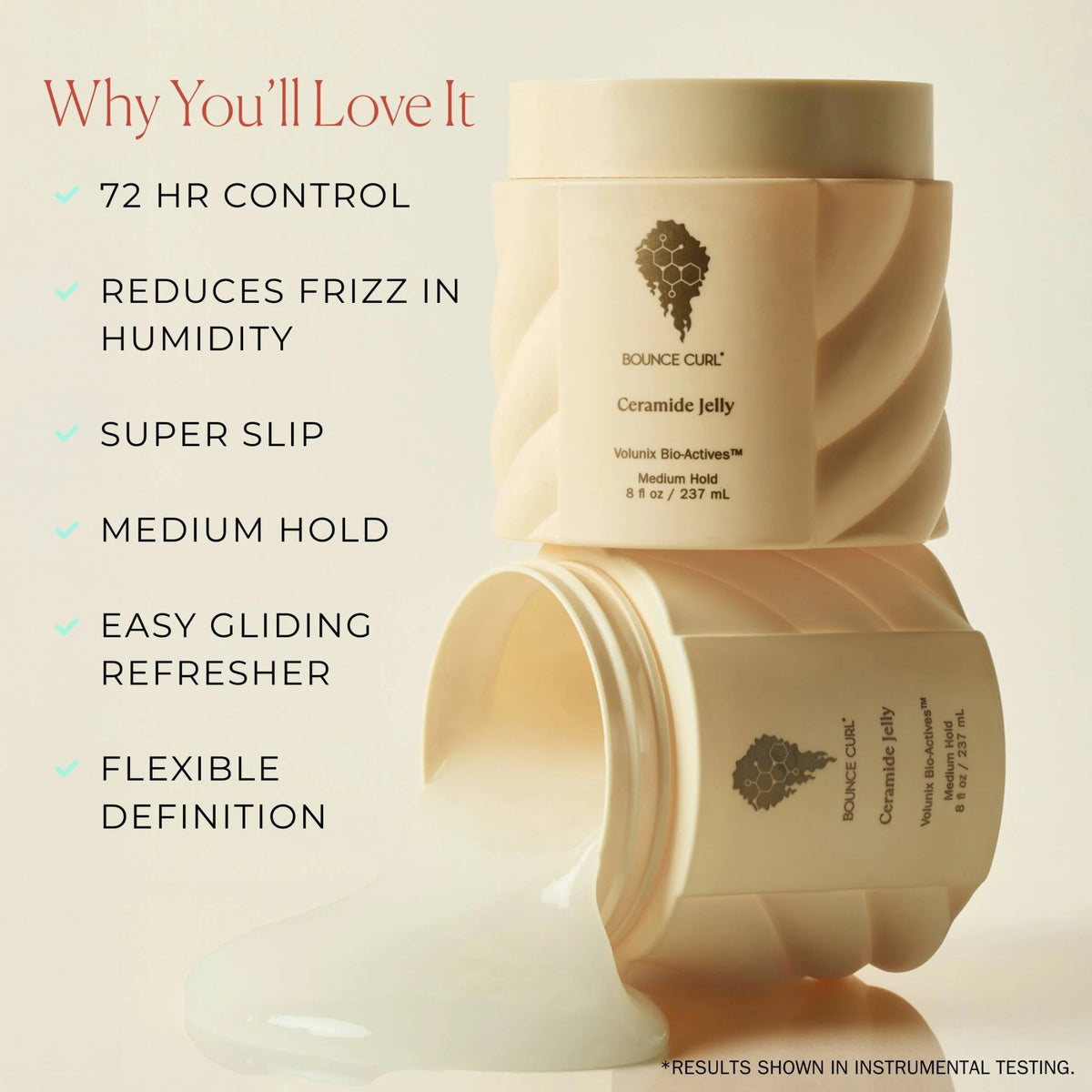 Bounce Curl Ceramide Jelly curl defining gel in beige jar with list of benefits: 72 hr control, reduces frizz, super slip, medium hold, flexible definition.