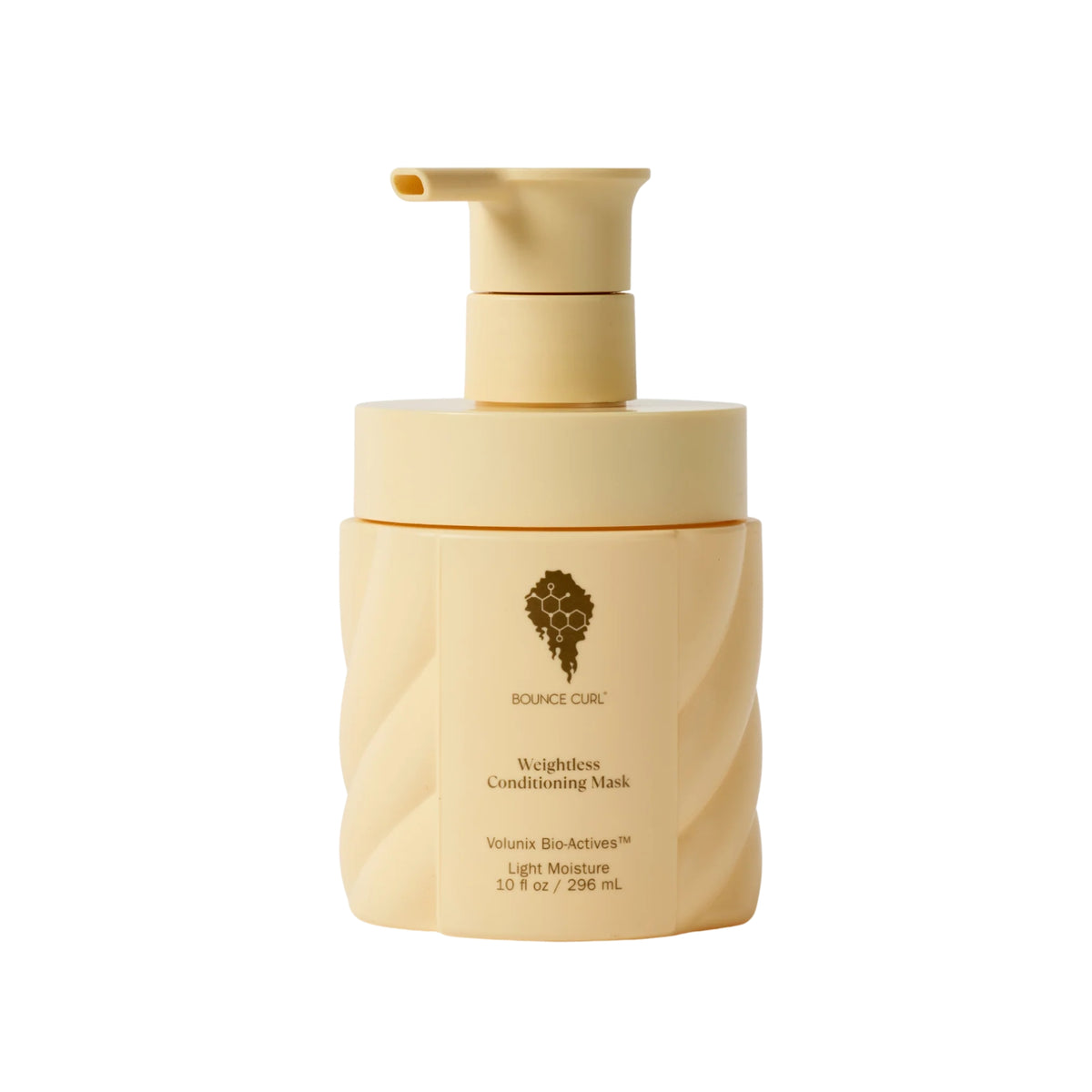 Bounce Curl Weightless Conditioning Mask in creamy white pump bottle with gold logo and text on label, 296 mL.