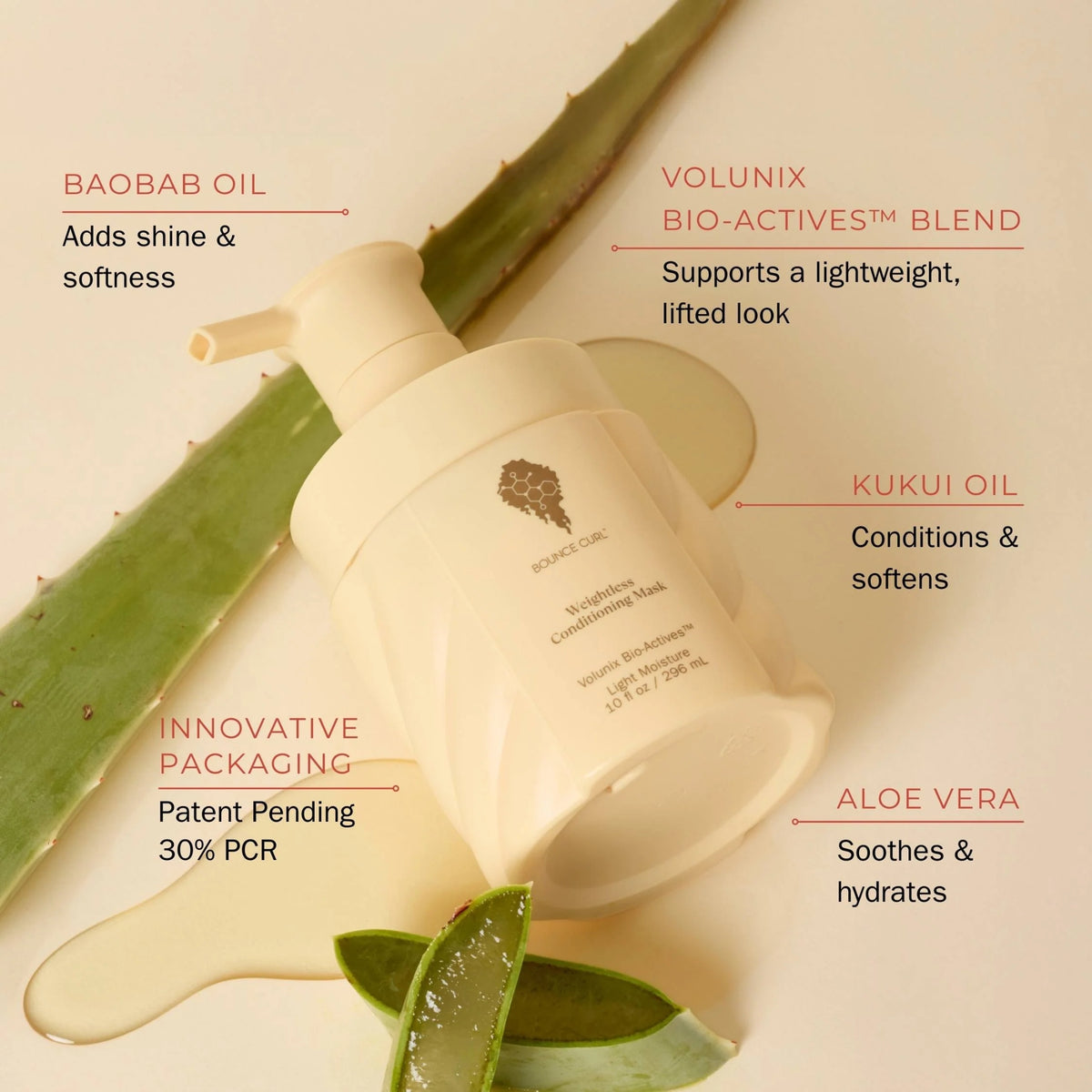 Bounce Curl Weightless Conditioning Mask with Volunix Bio-Actives blend, Baobab Oil, Kukui Oil and Aloe Vera in innovative packaging with natural ingredients.