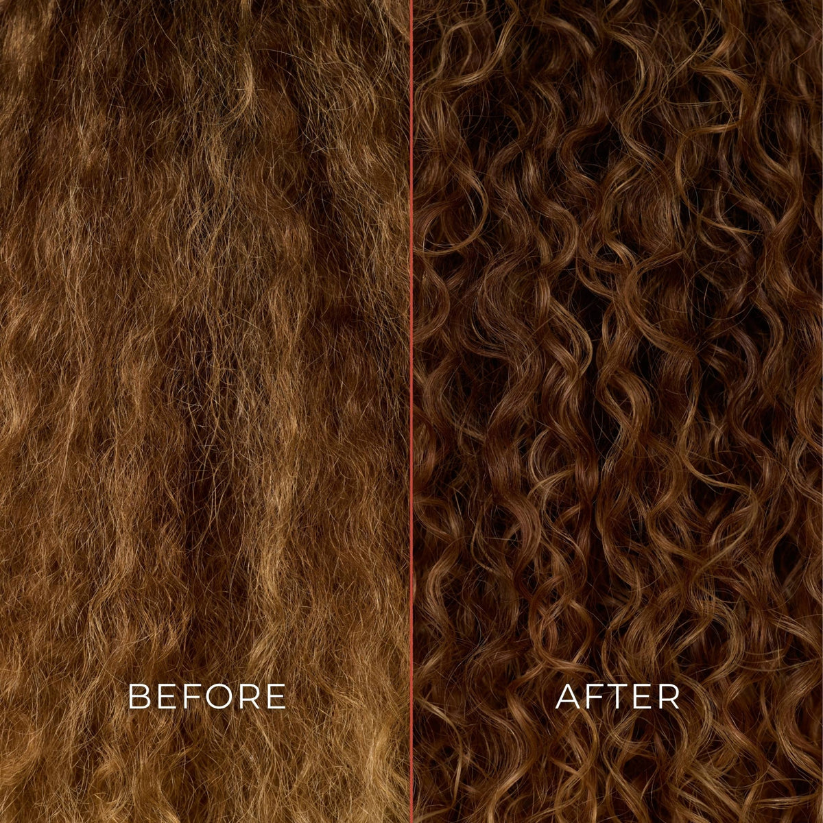 Before and after hair treatment comparison shows the transformation from flat, undefined hair to shiny, voluminous curly hair with visible improvement in texture and shine.