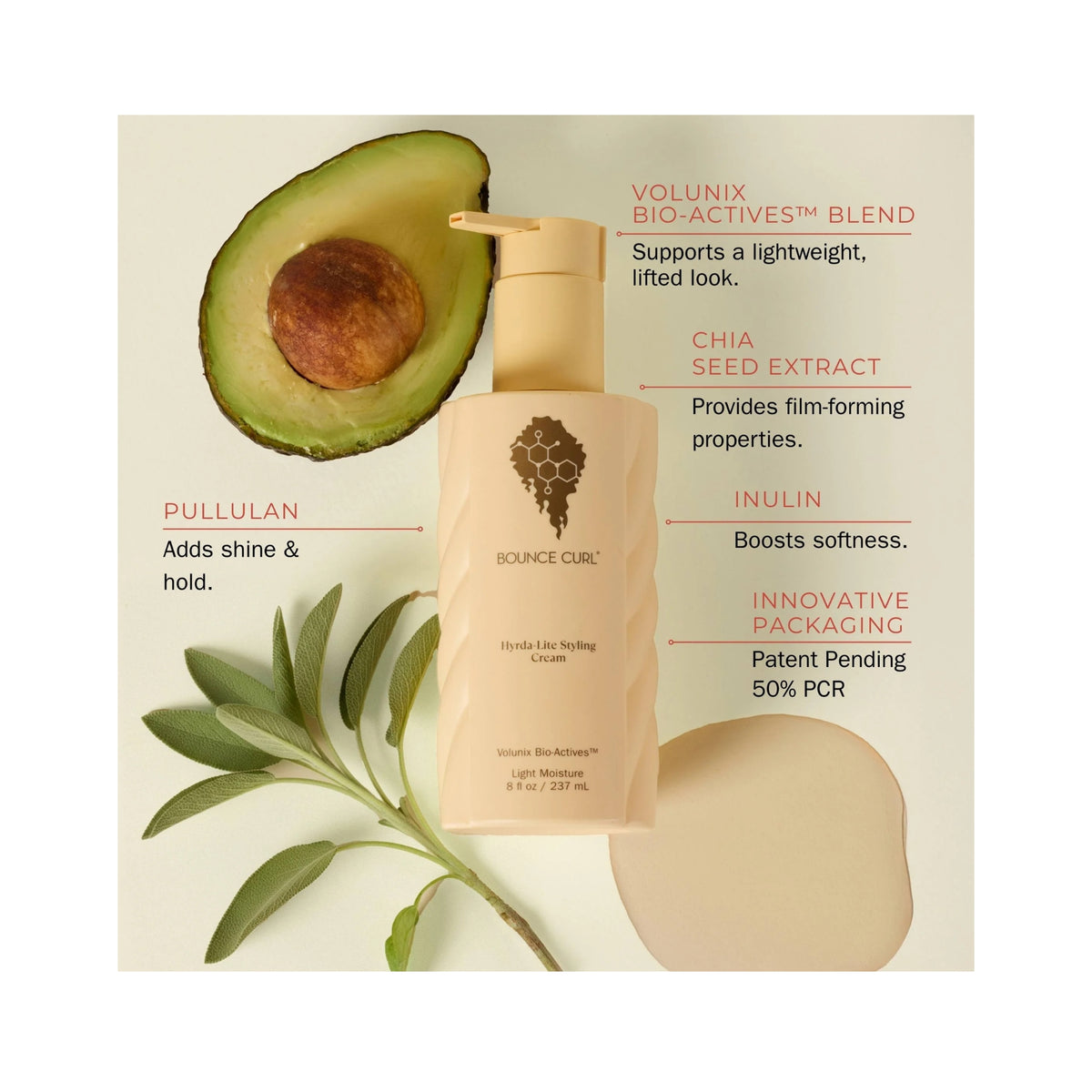 Bounce Curl Hydra-Lite Styling Cream in cream colored pump bottle with gold logo and Volumix Bio-Actives, 237 ml light moisturizing hair product.