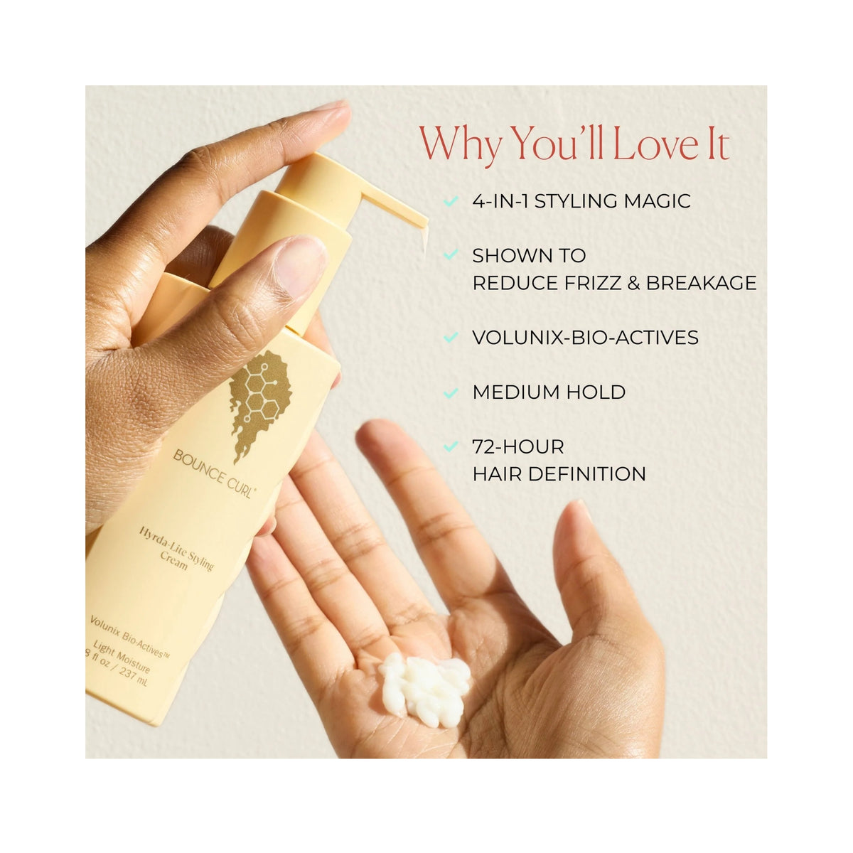 Bounce Curl Hydra-Lite Styling Cream in beige bottle with gold pump, 237 ml, for hair with light moisture.