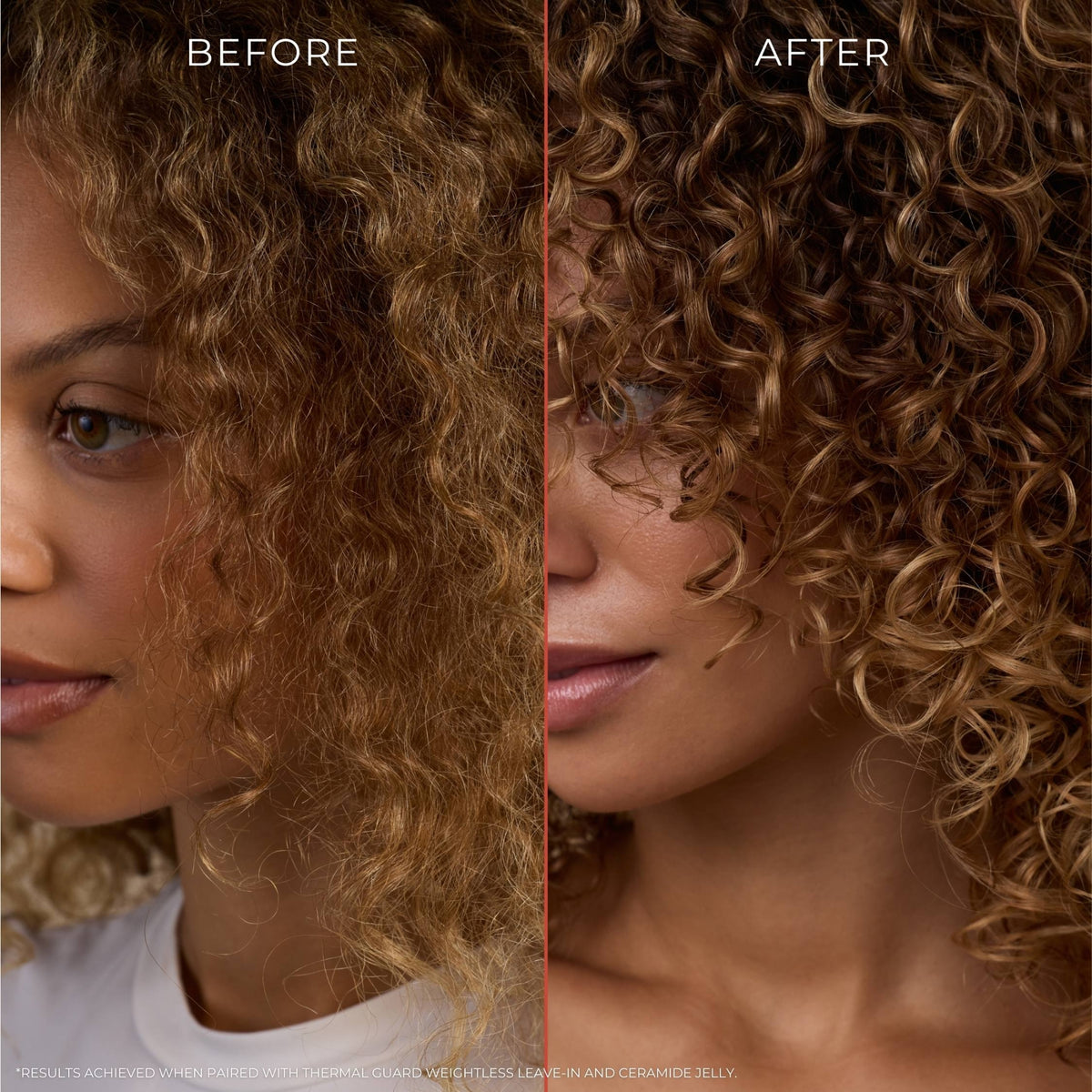 Before and after comparison of lockdown curls treatment: left side shows loosely curled hair, right side shows defined, glowing curls with thermal protection.