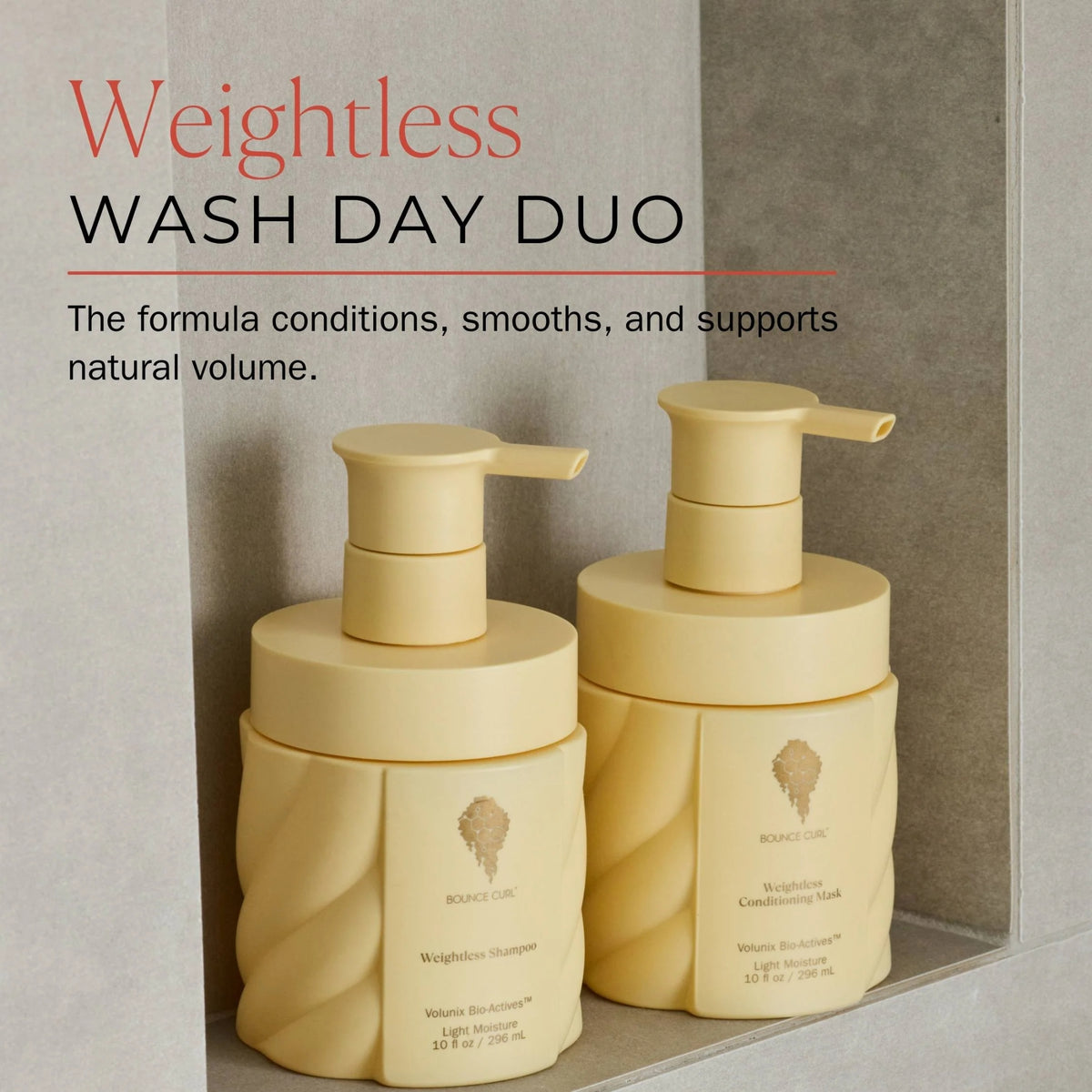 Weightless Wash Day Duo with yellow shampoo and conditioning mask from Bounce Curl, designed for natural volume and light moisture.