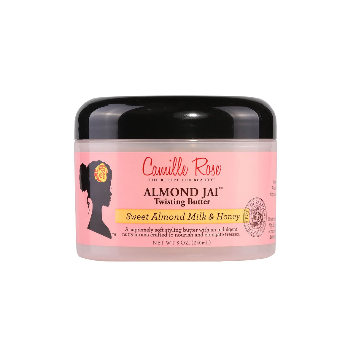 Camille Rose Almond Jai Twisting Butter with sweet almond milk and honey in a clear container.