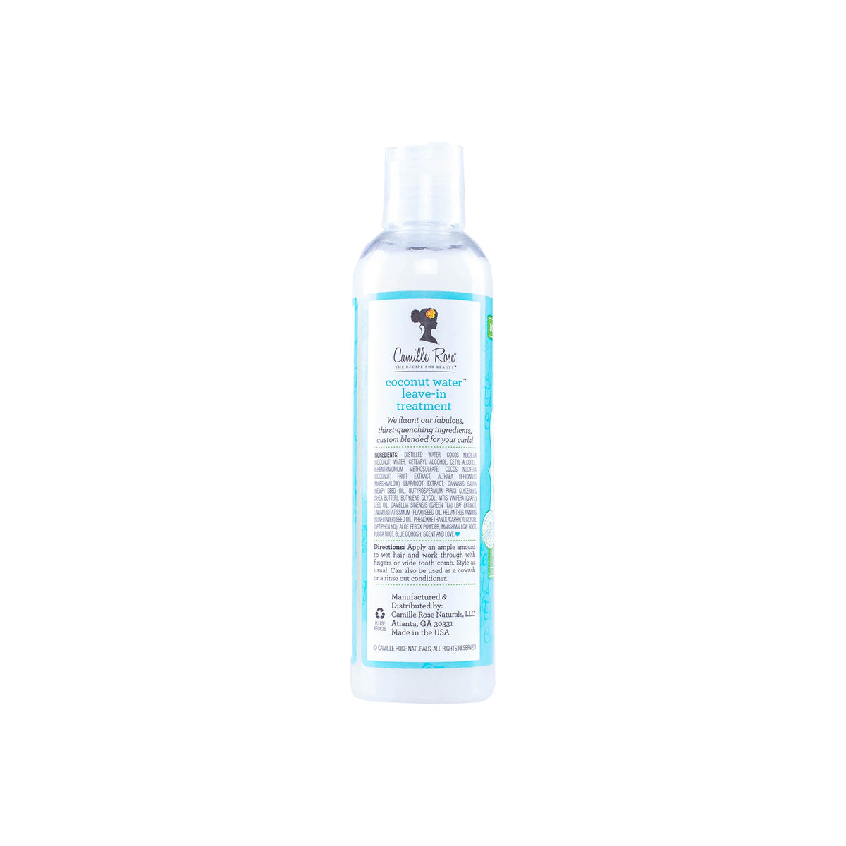 Close-up of the back of a white bottle of Camille Rose Coconut Water Leave-In Detangling Treatment showing the ingredient list.
