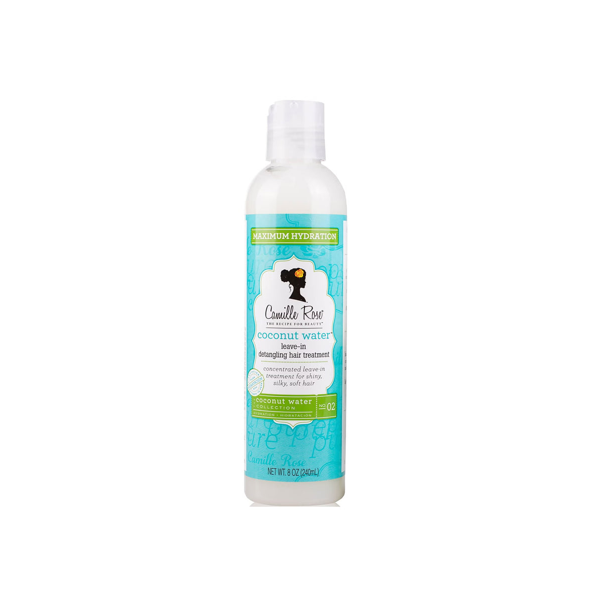 White bottle of Camille Rose Coconut Water Leave-In Detangling Treatment with light blue and green text.