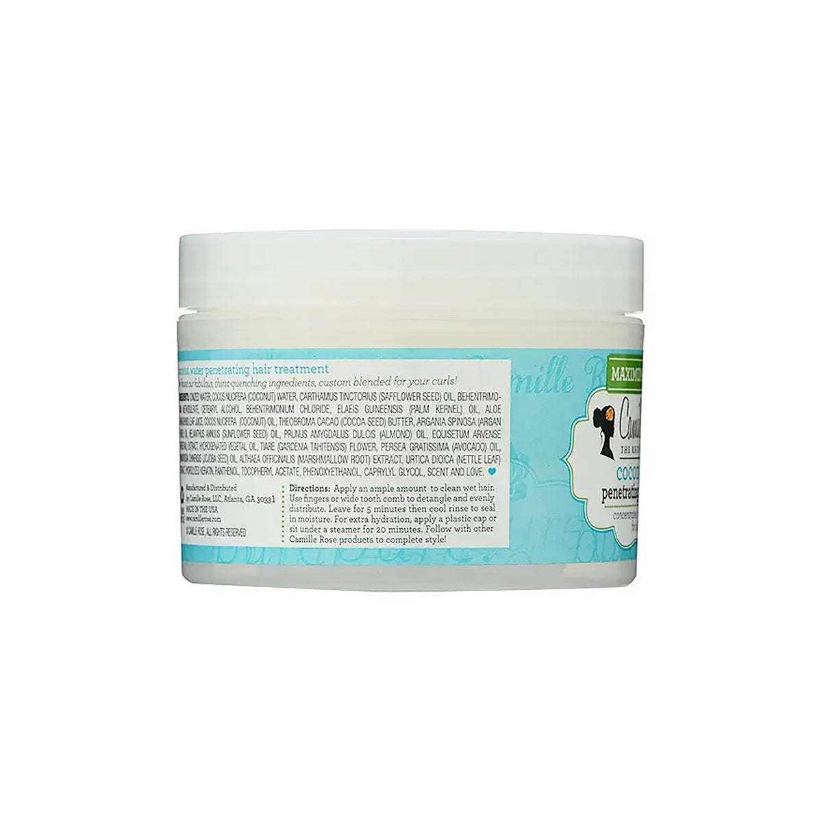 Back of Camille Rose Coconut Water Penetrating Hair Treatment showing ingredient list and directions for use.
