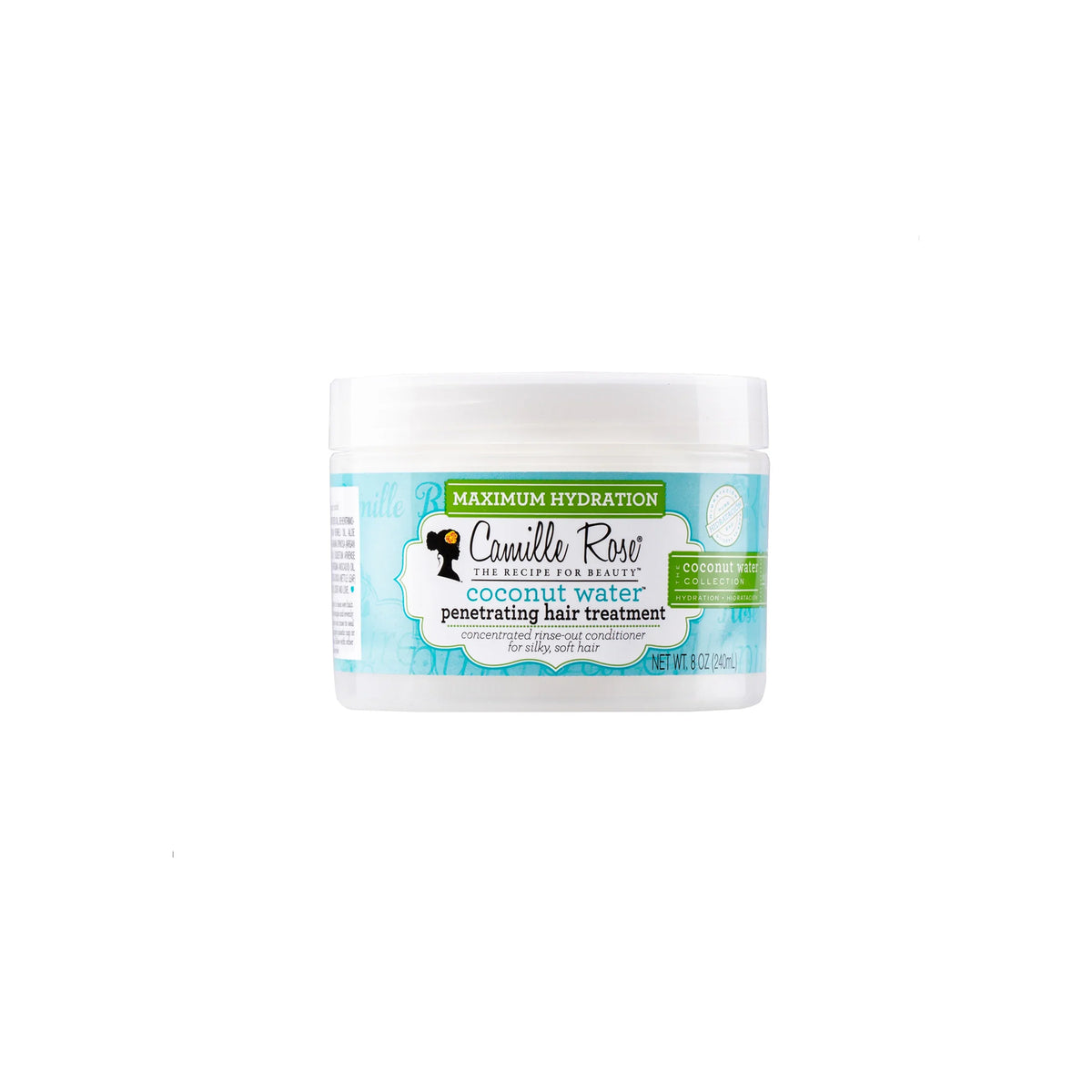 White container of Camille Rose Coconut Water Penetrating Hair Treatment with light blue and green text.