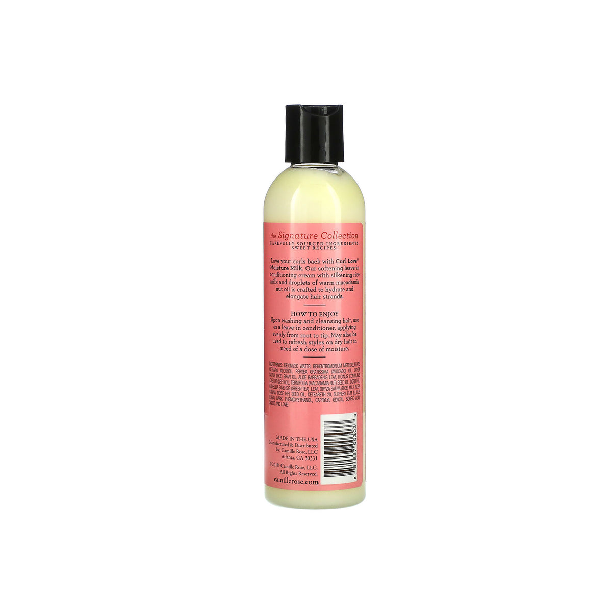 Clear plastic bottle with black cap and pink label. The label shows the product name "Camille Rose Curl Love Moisture Milk 240ml" as well as ingredients and instructions for use. 