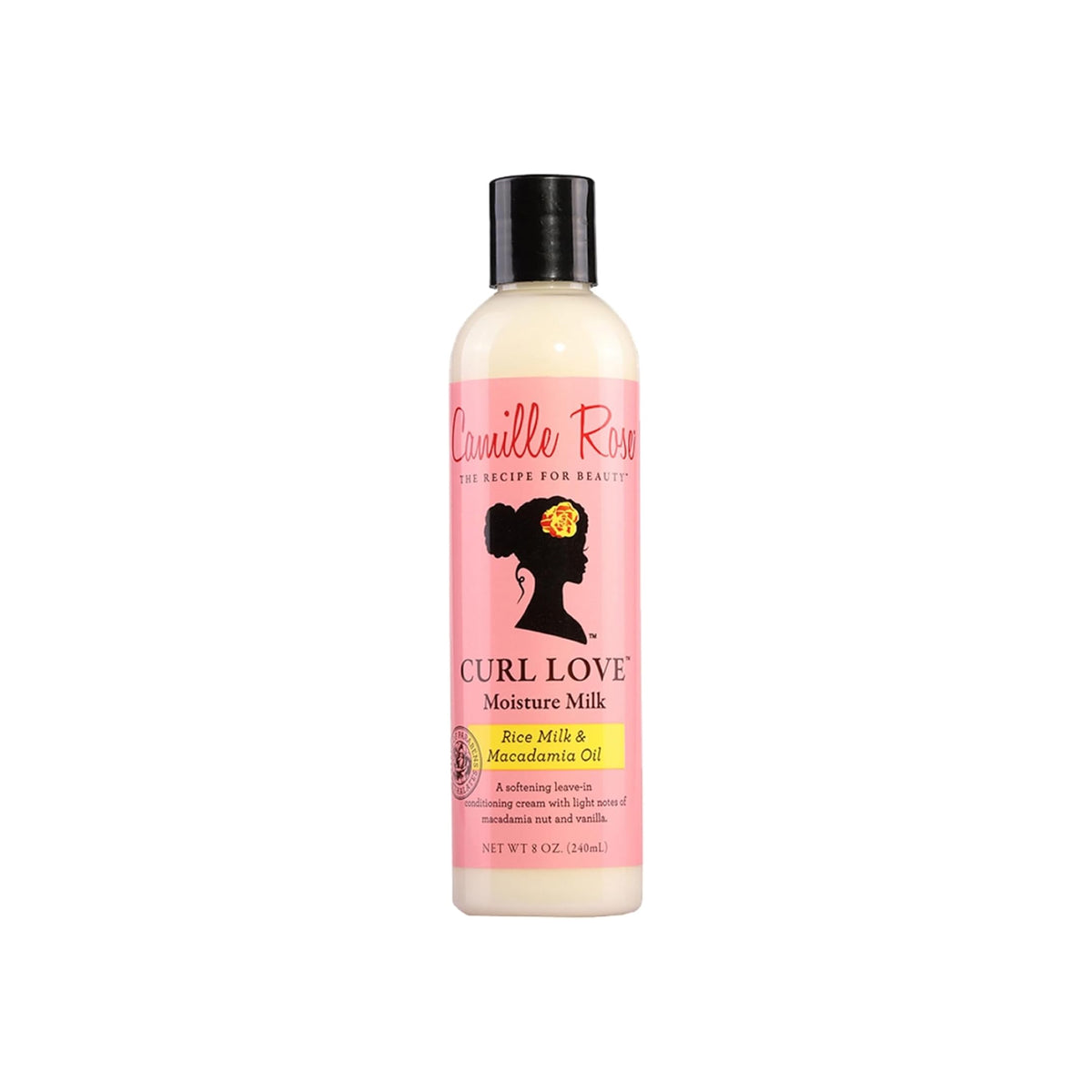 White plastic bottle with black cap. Product label with pink writing shows the name "Camille Rose Curl Love Moisture Milk 240ml". The product is on a white background.