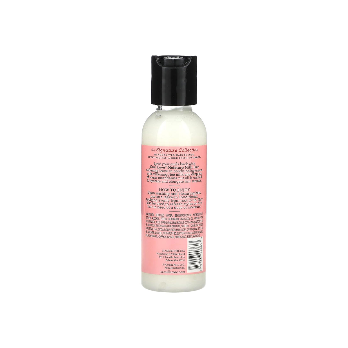 Back of Camille Rose Curl Love Moisture Milk, 59 ml, with pink label, product description and hair care instructions.