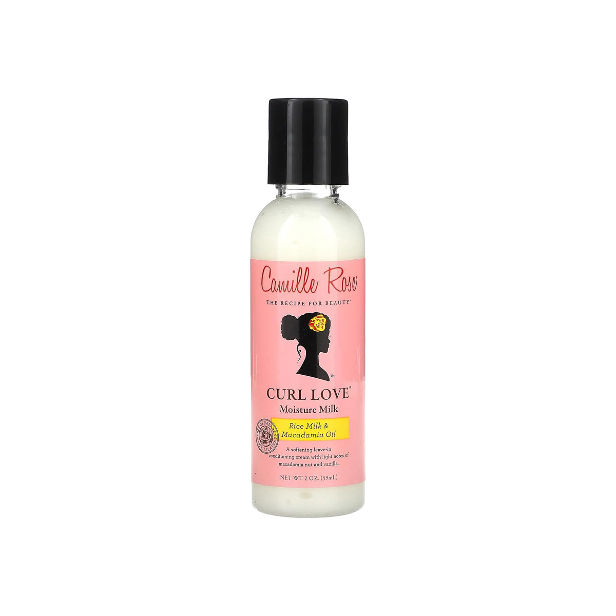 Camille Rose Curl Love Moisture Milk, 59 ml, with pink label and black cap, enriched with rice and macadamia oil for curly hair.