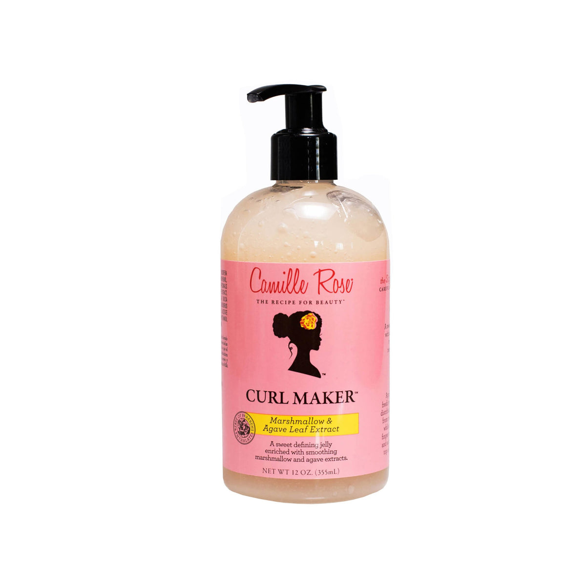White plastic bottle with a black pump containing Camille Rose Curl Maker hair product.