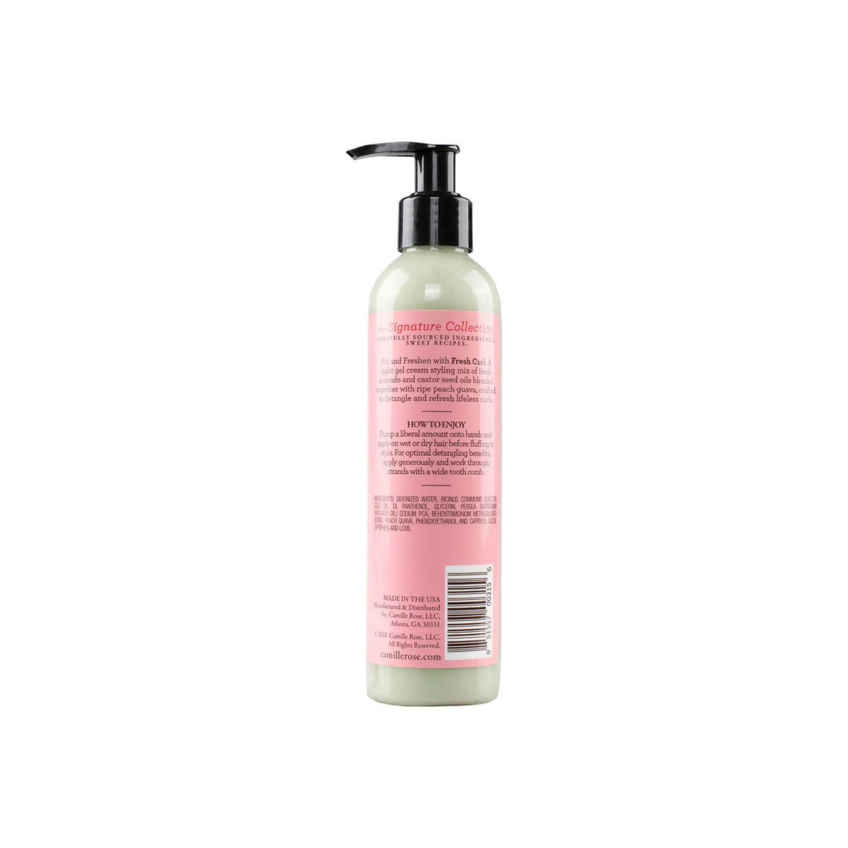 Back of Camille Rose Fresh Curls Revitalizing Hair Smoother, 240ml, with pink label and pump bottle, perfect for curly hair care.