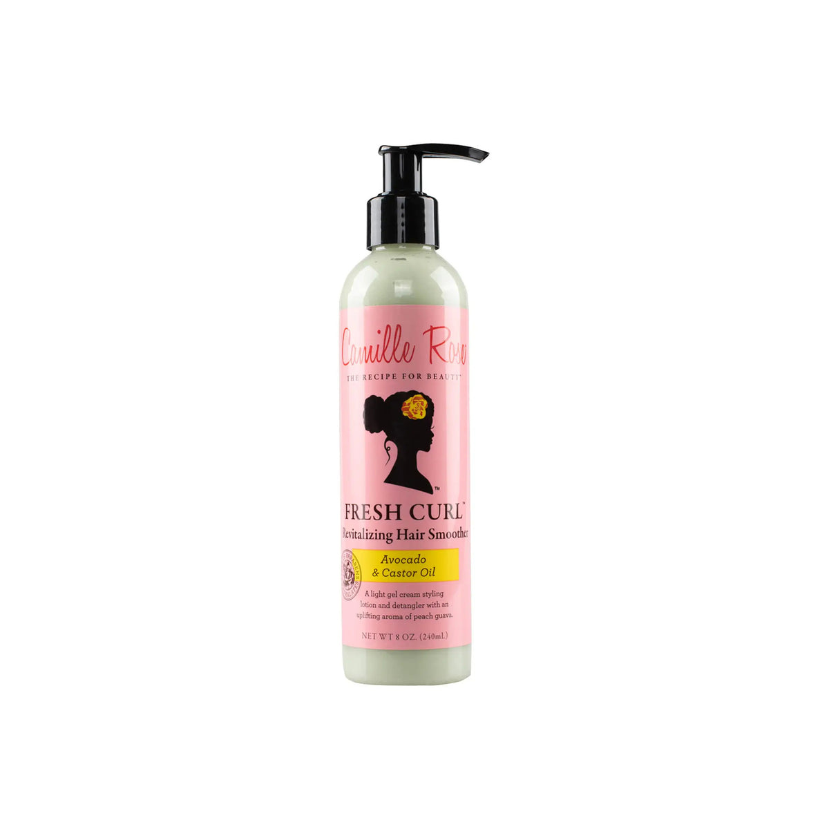 Camille Rose Fresh Curls Revitalizing Hair Smoother, 240ml. A white bottle with a pump containing a conditioning cream for curly hair.