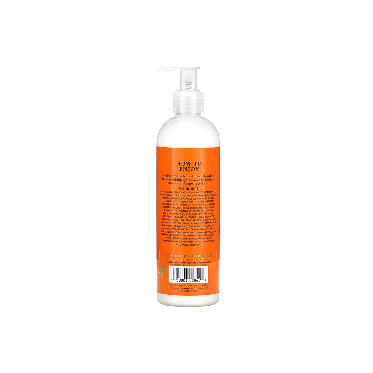 White bottle with pump of Camille Rose Fresh Honey Nectar Deep Conditioning Treatment. The back of the bottle shows orange details and instructions for use.