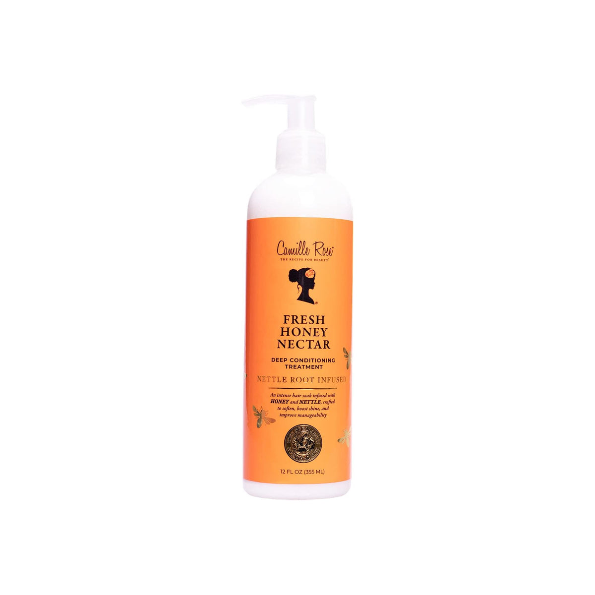 Camille Rose Fresh Honey Nectar Deep Conditioning Treatment, 355ml. A white bottle with a pump dispenser, filled with a golden, creamy hair treatment.