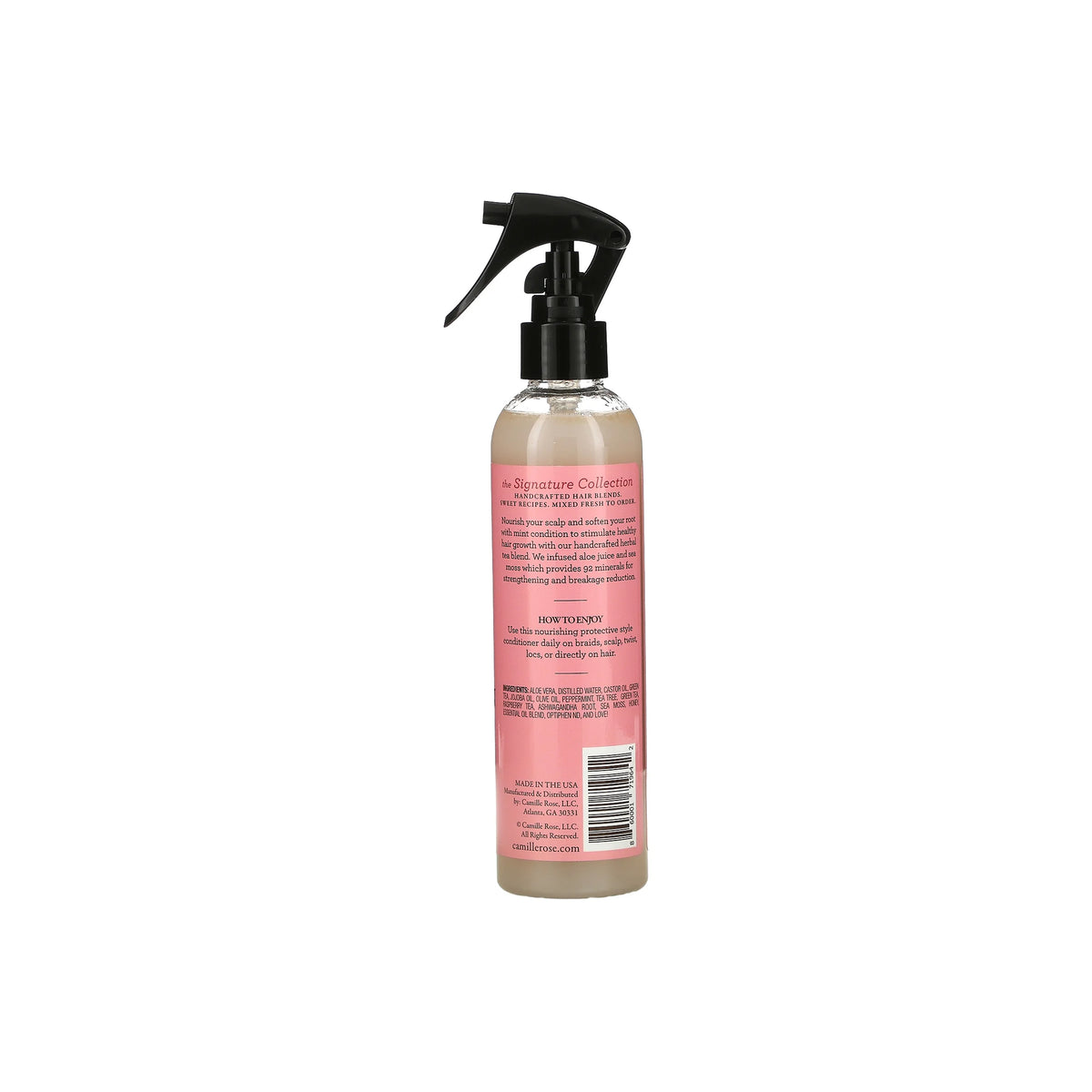 Back of a pink spray bottle with Camille Rose Mint Condition Braid & Scalp Spray. The label shows product information and ingredients.