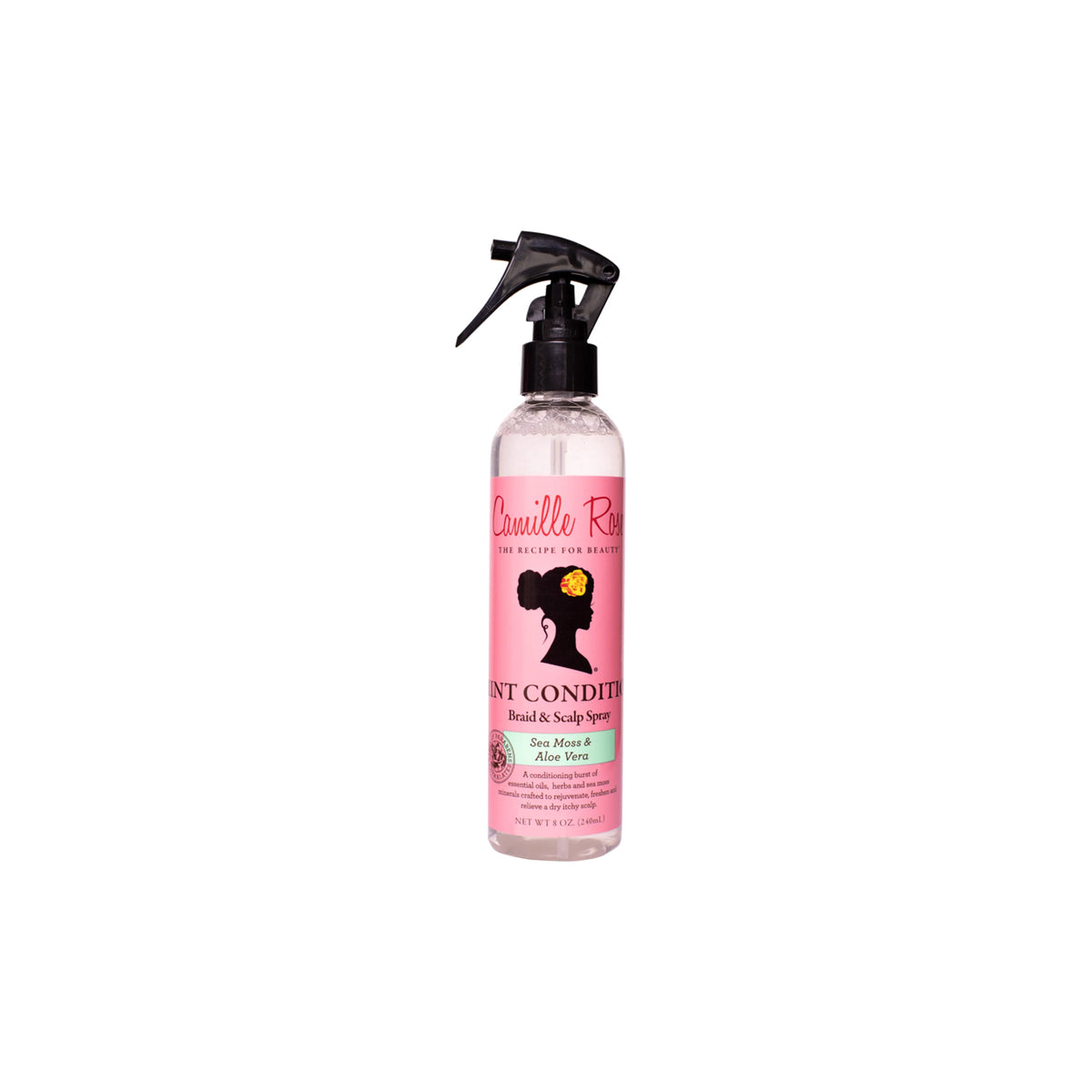 Pink spray bottle with Camille Rose Mint Condition Braid & Scalp Spray. The product is placed on a white background and has a black spray top.
