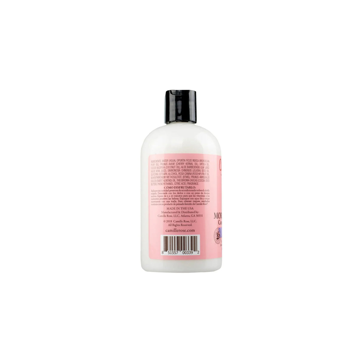 Back of Camille Rose Moroccan Pear Conditioning Custard Bottle: White bottle with pink label with ingredient list and directions for use.