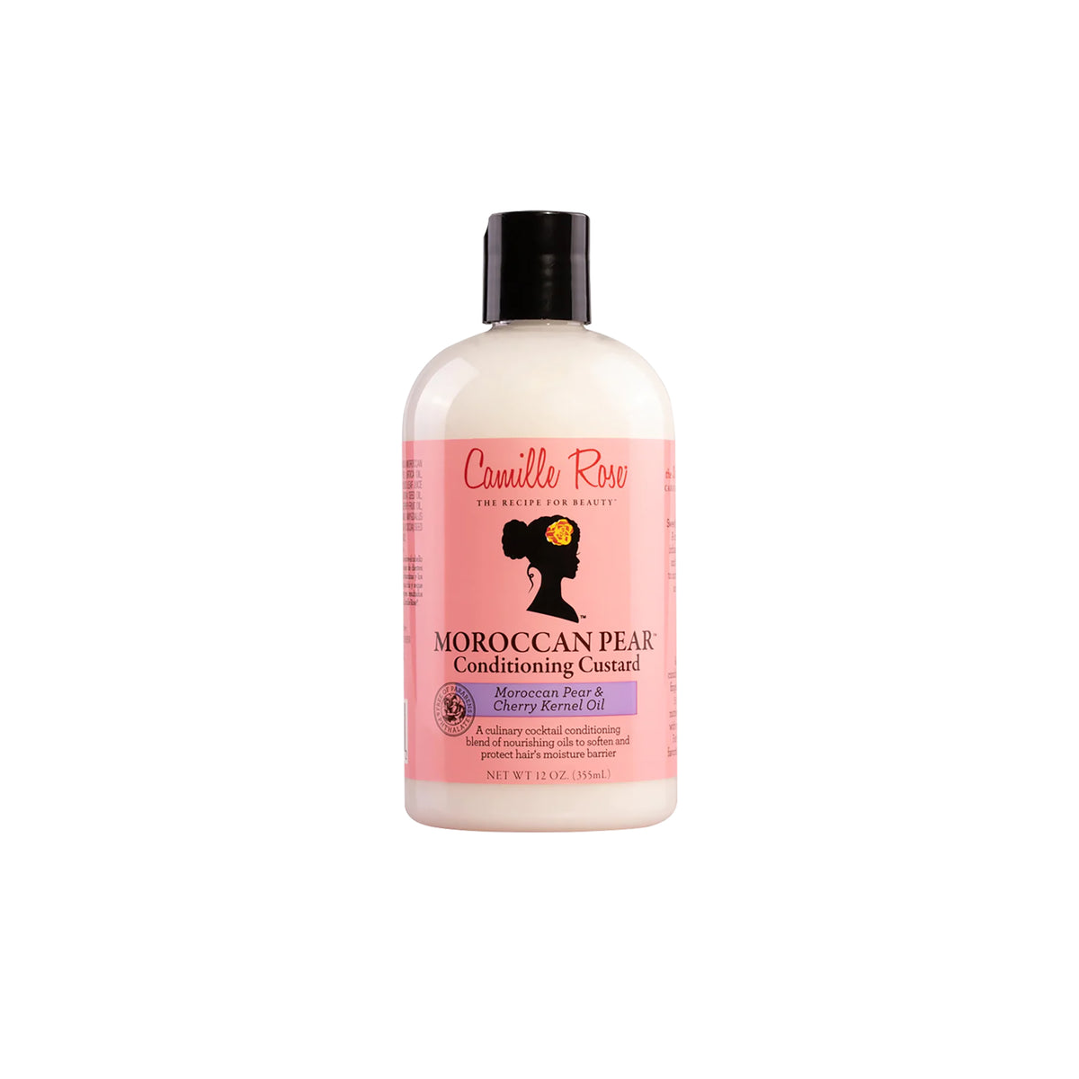 Camille Rose Moroccan Pear Conditioning Custard: White bottle with pink label with black silhouette of woman's head and text about Moroccan pear and cherry kernel oil.