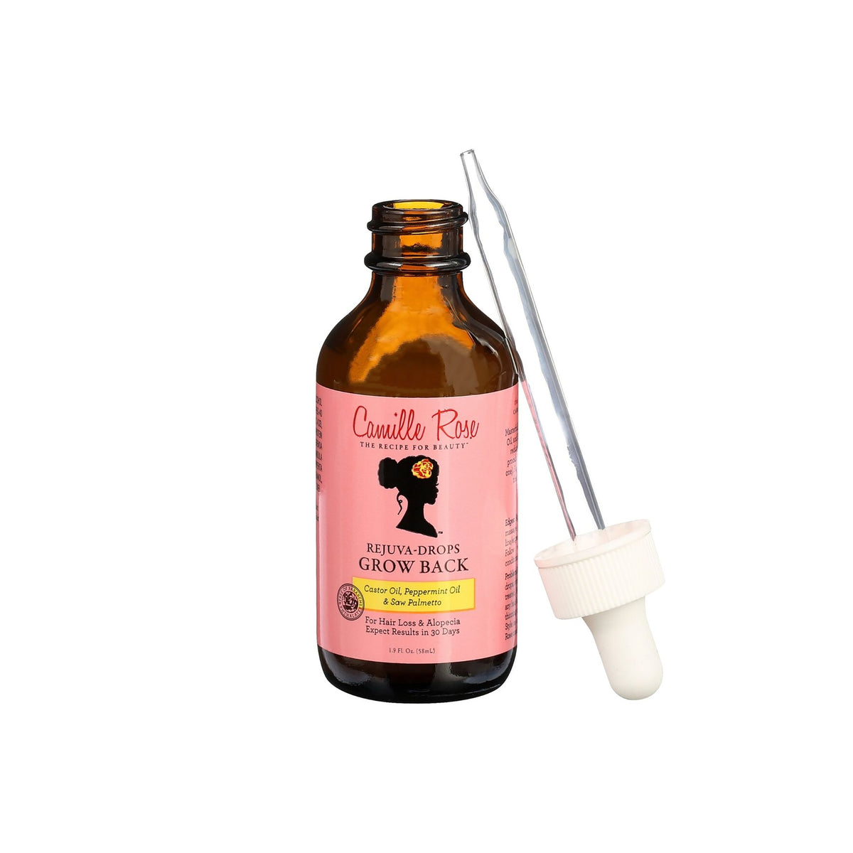 Camille Rose Rejuva-Drops Grow Back: Serum in brown glass bottle with dropper on side, pink label with black silhouette of woman's head.
