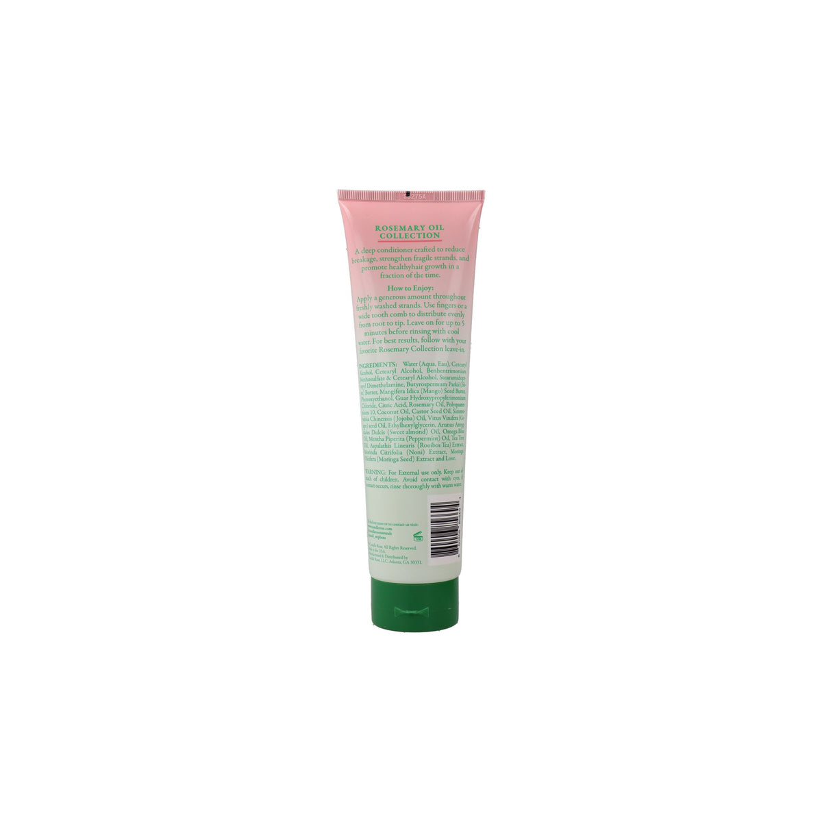 The back of a light green tube with a pink top and dark green bottom containing Camille Rose Rosemary Oil 5-Minute Strengthening Hair Mask.