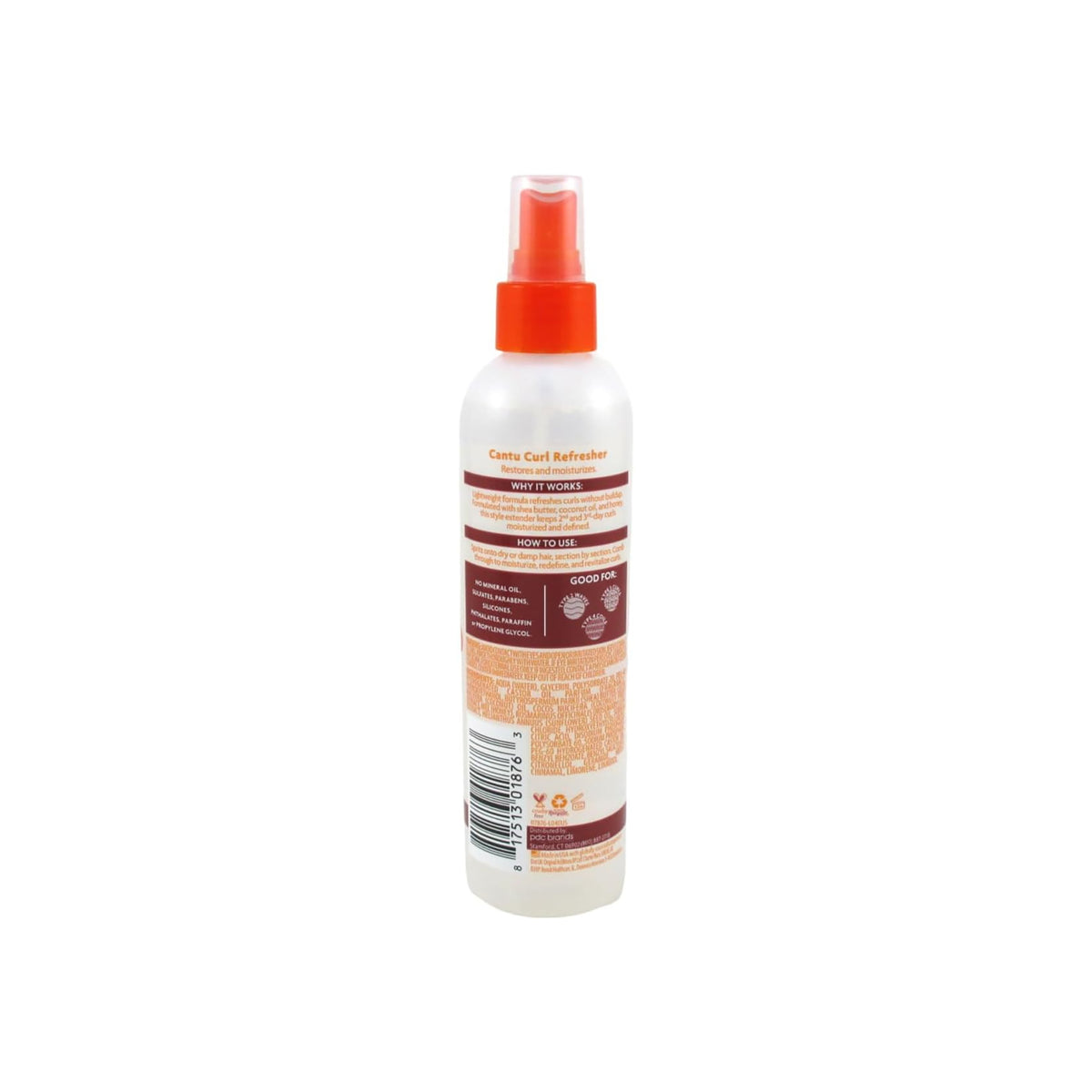 The back of a white spray bottle with an orange top containing Cantu For Kids Curl Refresher.