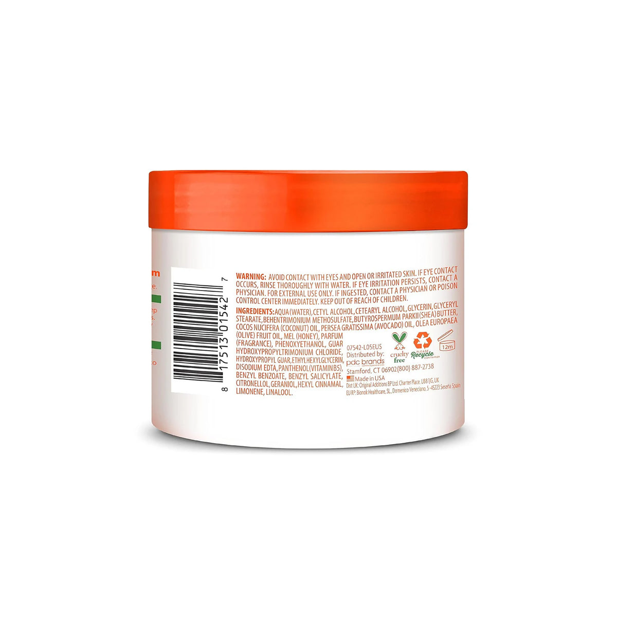 Close-up of the label on the back of a white container with an orange lid containing Cantu For Kids Leave-In Conditioner