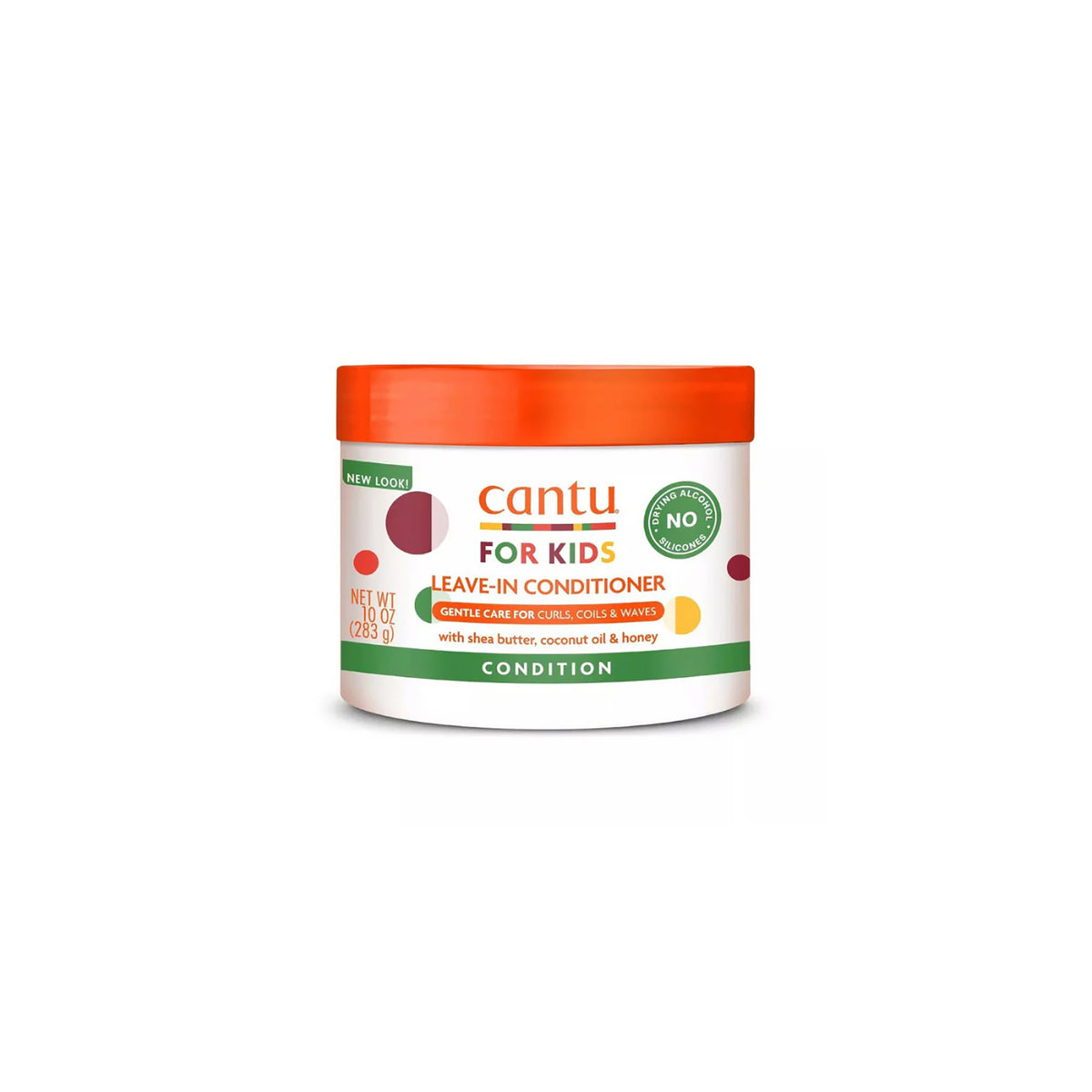 White container with orange lid containing Cantu For Kids Leave-In Conditioner. 