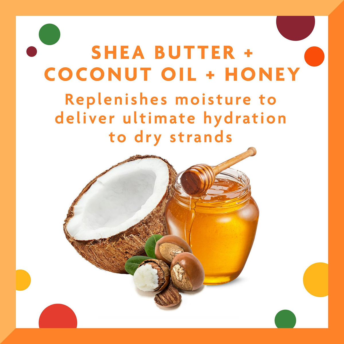 Colorful illustration with half a coconut, a jar of honey with a honey spoon and shea nuts. 