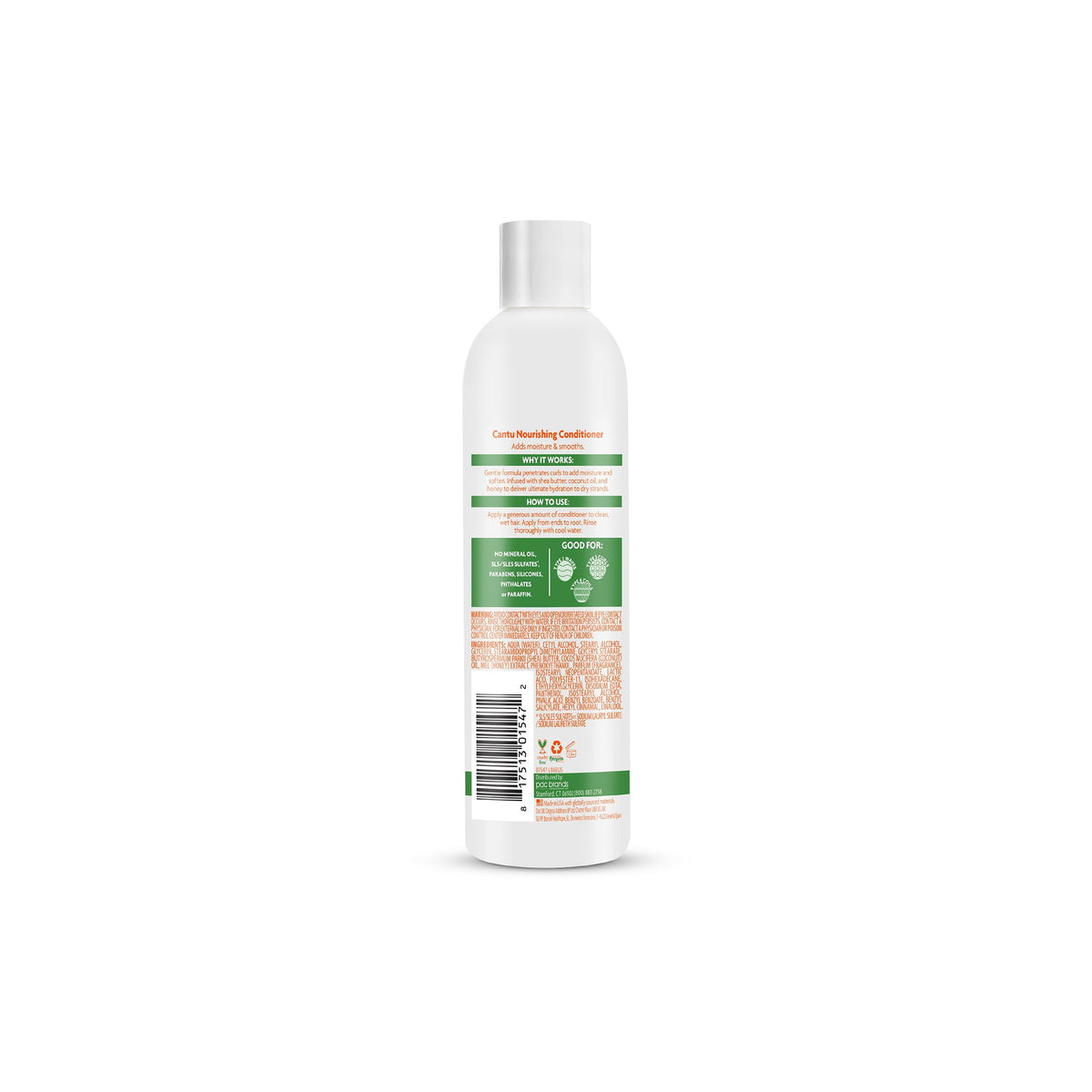 The back of a white bottle with a white cap containing Cantu For Kids Nourishing Conditioner. 