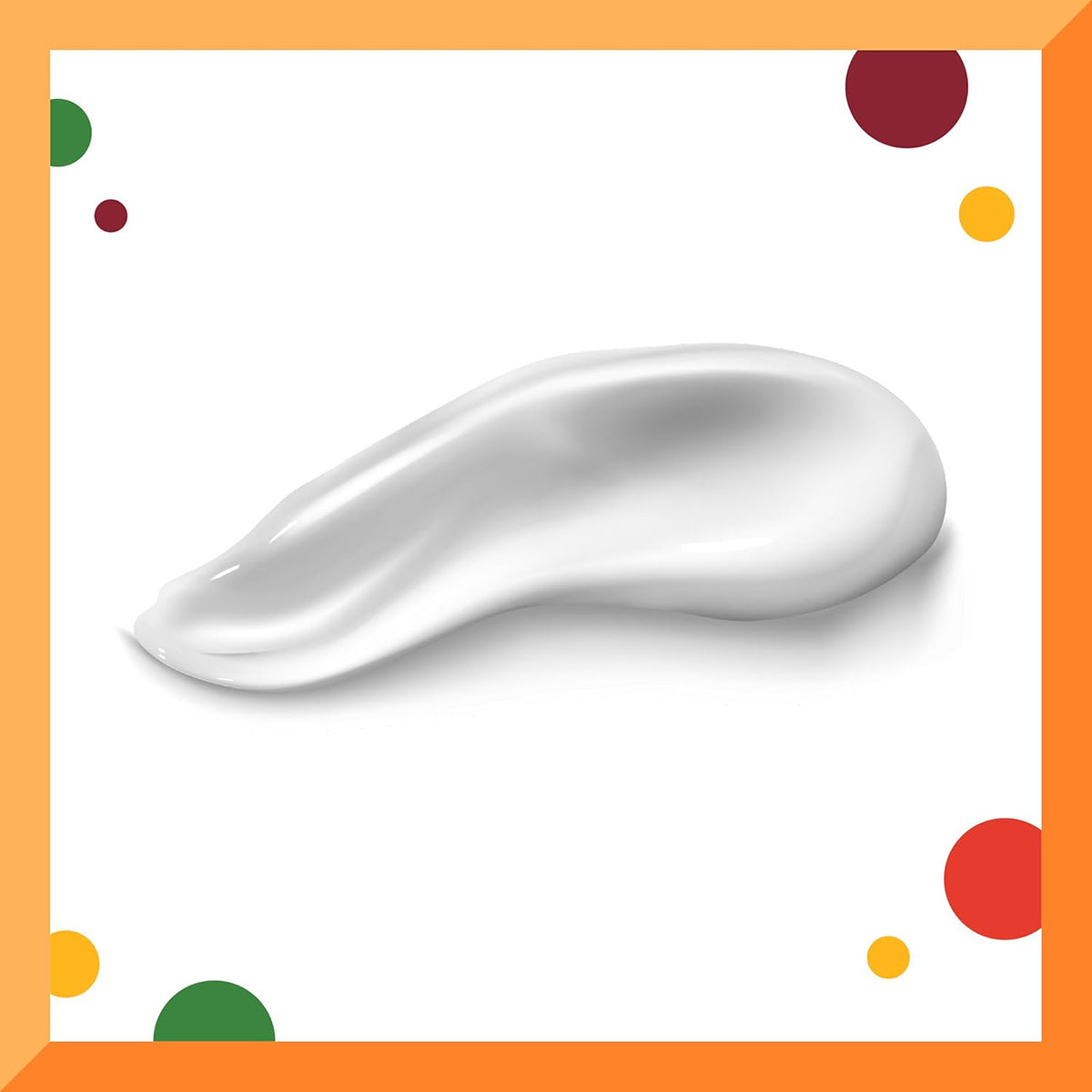 A white, creamy blob of Cantu For Kids Styling Custard on a white background with an orange border and colored circles in the corners.