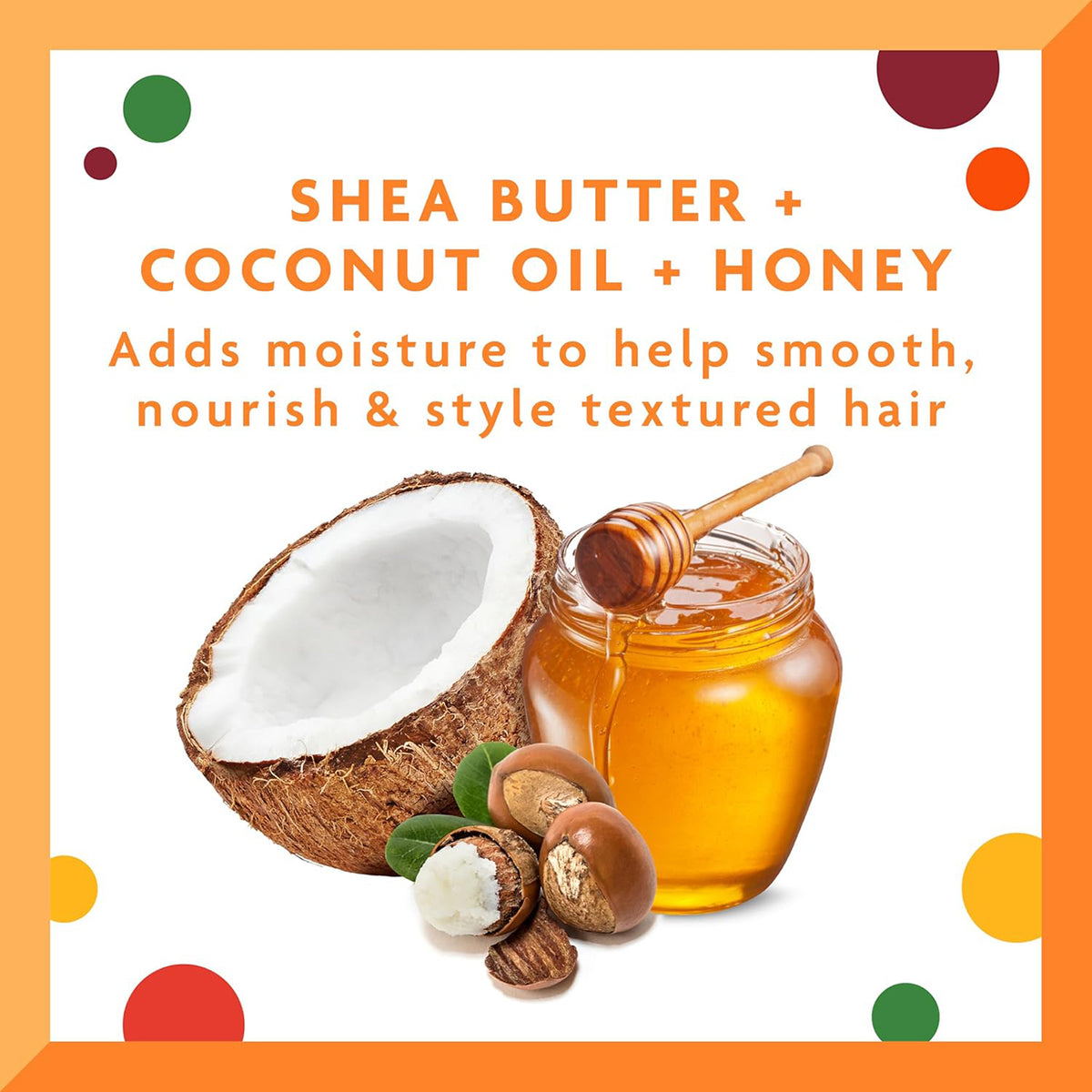 Colorful illustration with half a coconut, a jar of honey with a honey spoon and shea nuts.