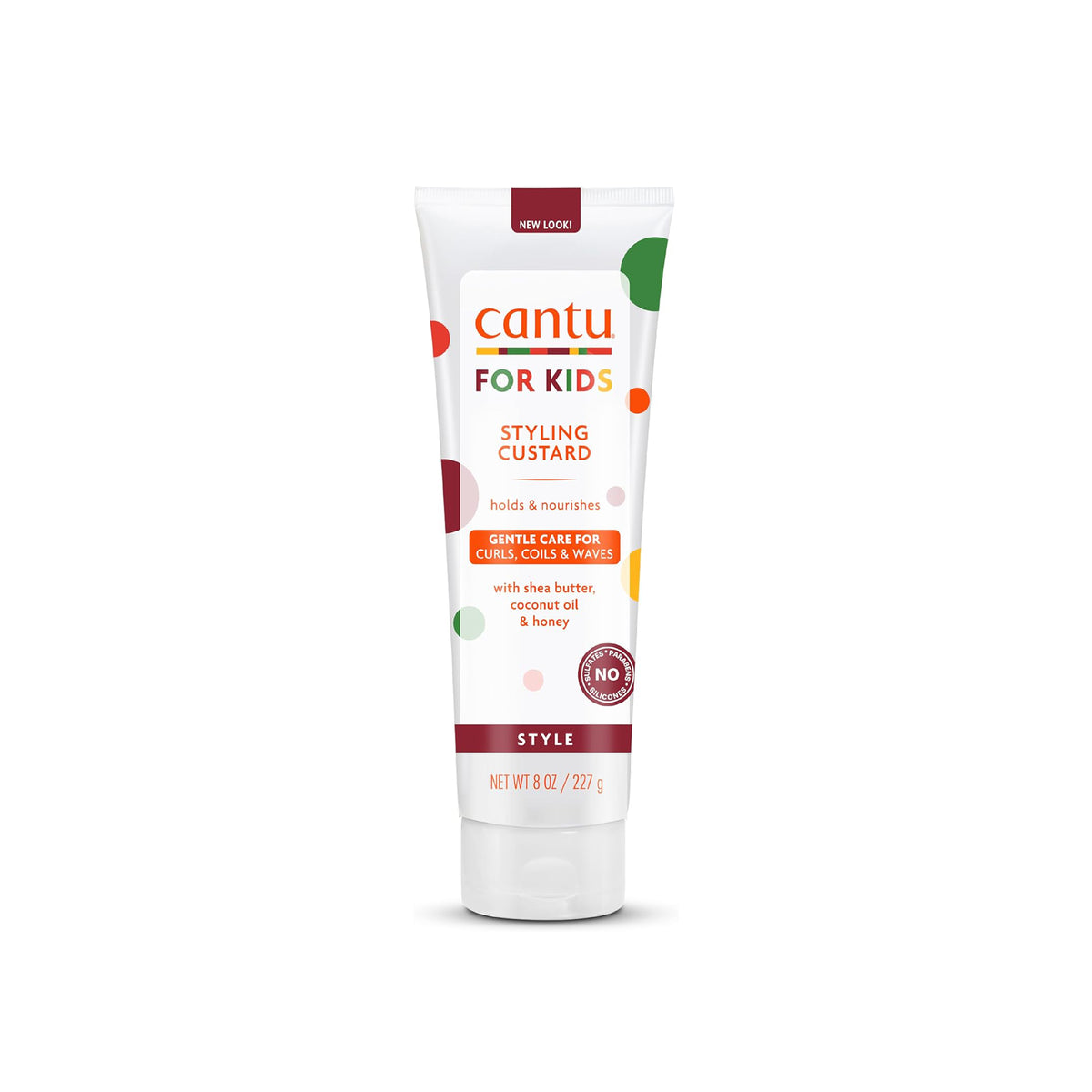 White tube with green, orange and red details containing Cantu For Kids Styling Custard.