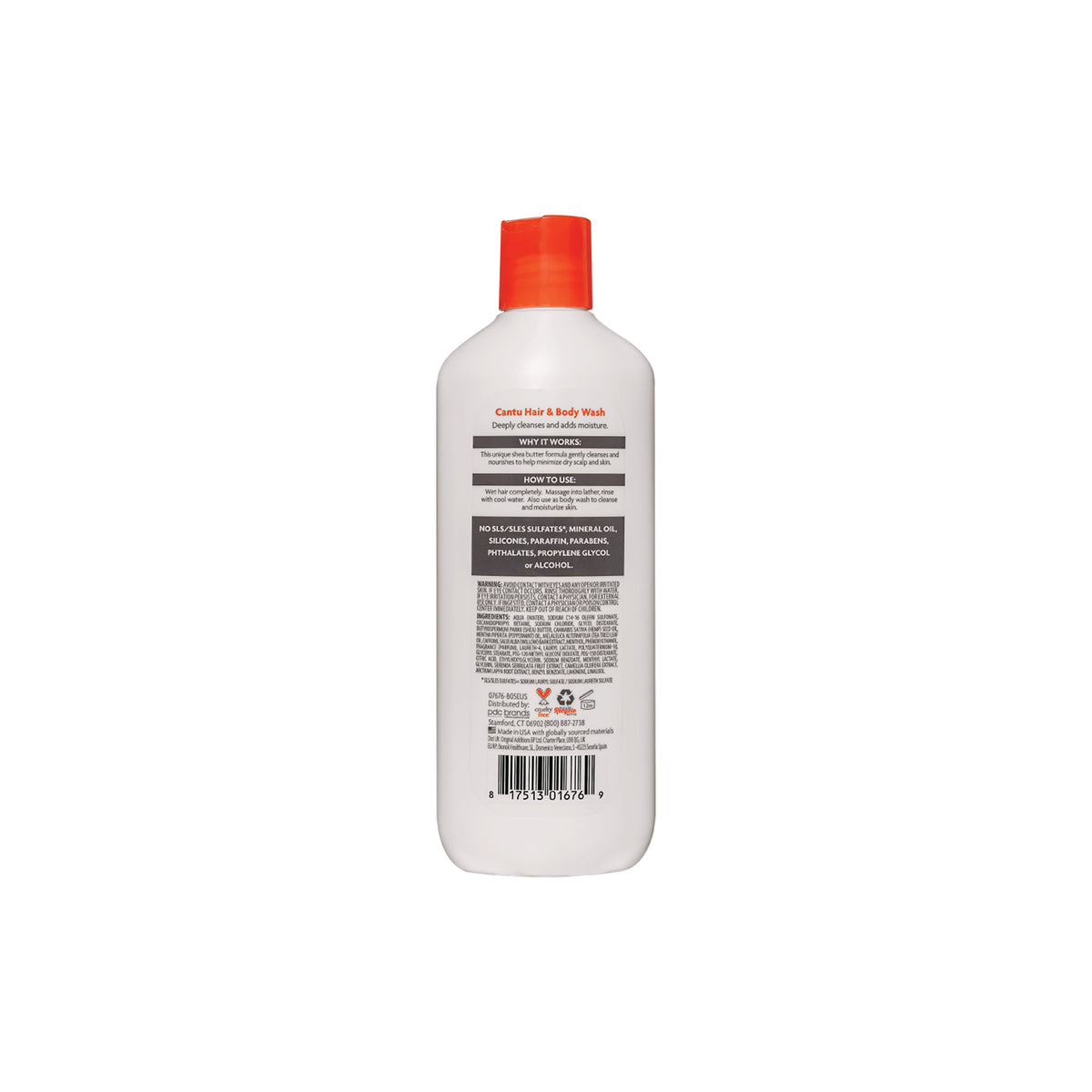 The back of a white bottle with an orange cap containing Cantu For Men 2-in-1 Hair & Body Wash.