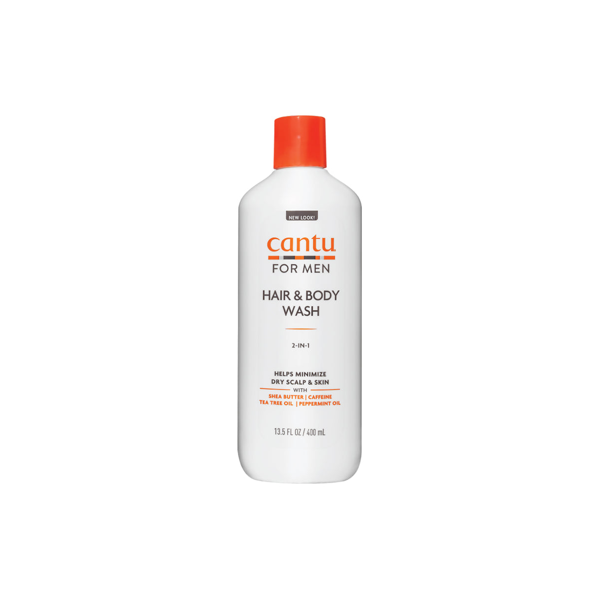 White bottle with orange cap containing Cantu For Men 2-in-1 Hair & Body Wash.